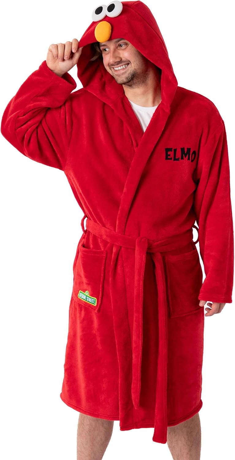 Vanilla Underground Sesame Street Elmo Red Hooded Bathrobe | Long Sleeve Cosy Fleece Loungewear with 3D Detail on Hood