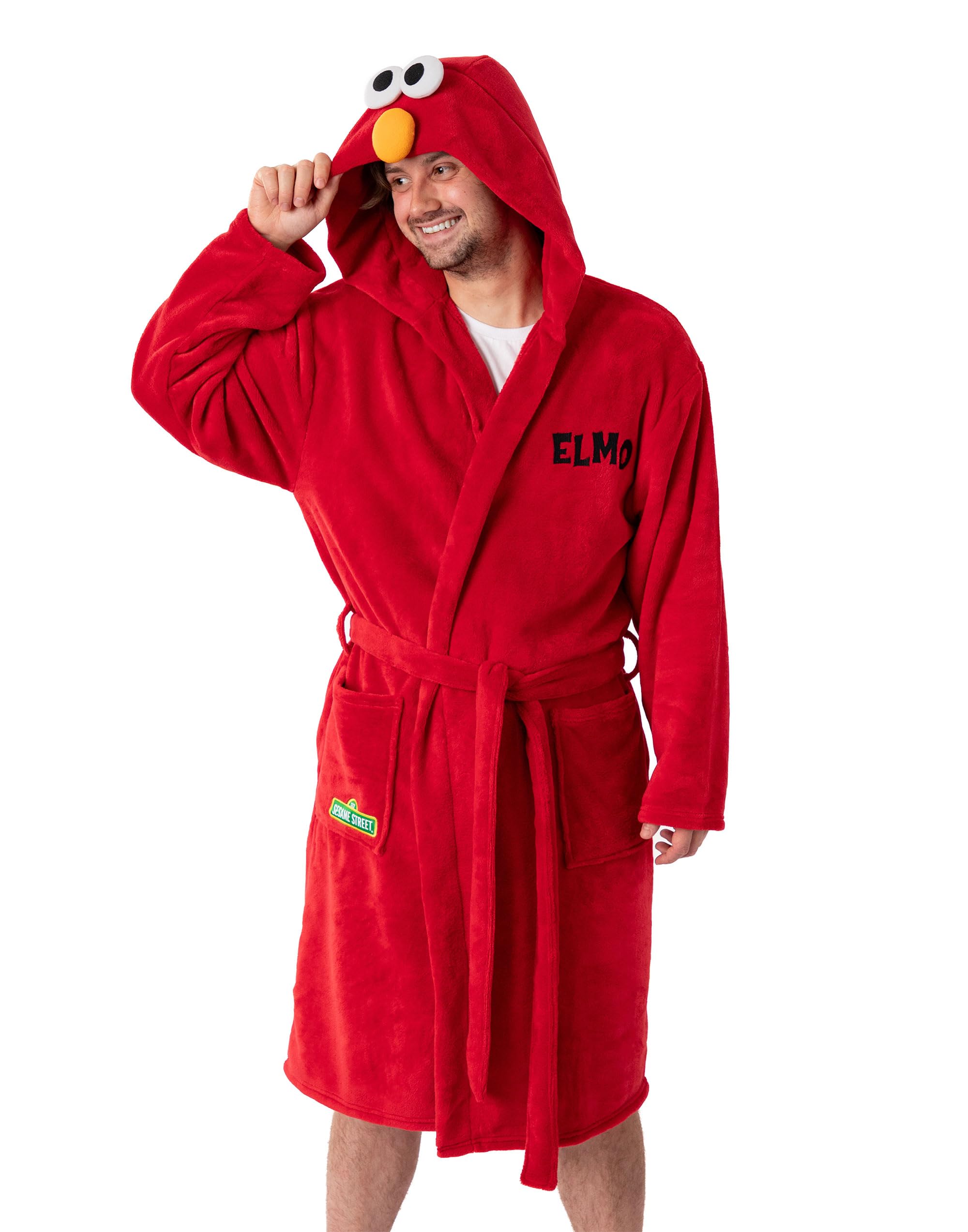 Vanilla Underground Sesame Street Elmo Red Hooded Bathrobe | Long Sleeve Cosy Fleece Loungewear with 3D Detail on Hood | Unisex Adults | Sesame Street Merch - Small