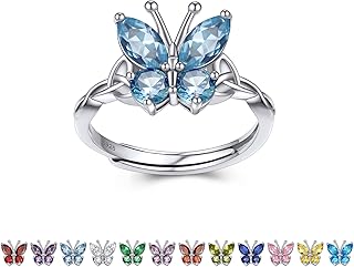 Sterling Silver Birthstone Rings for Women, Dainty Butterfly Stackable Ring Adjustable Ideal Valentine's Gifts for Her