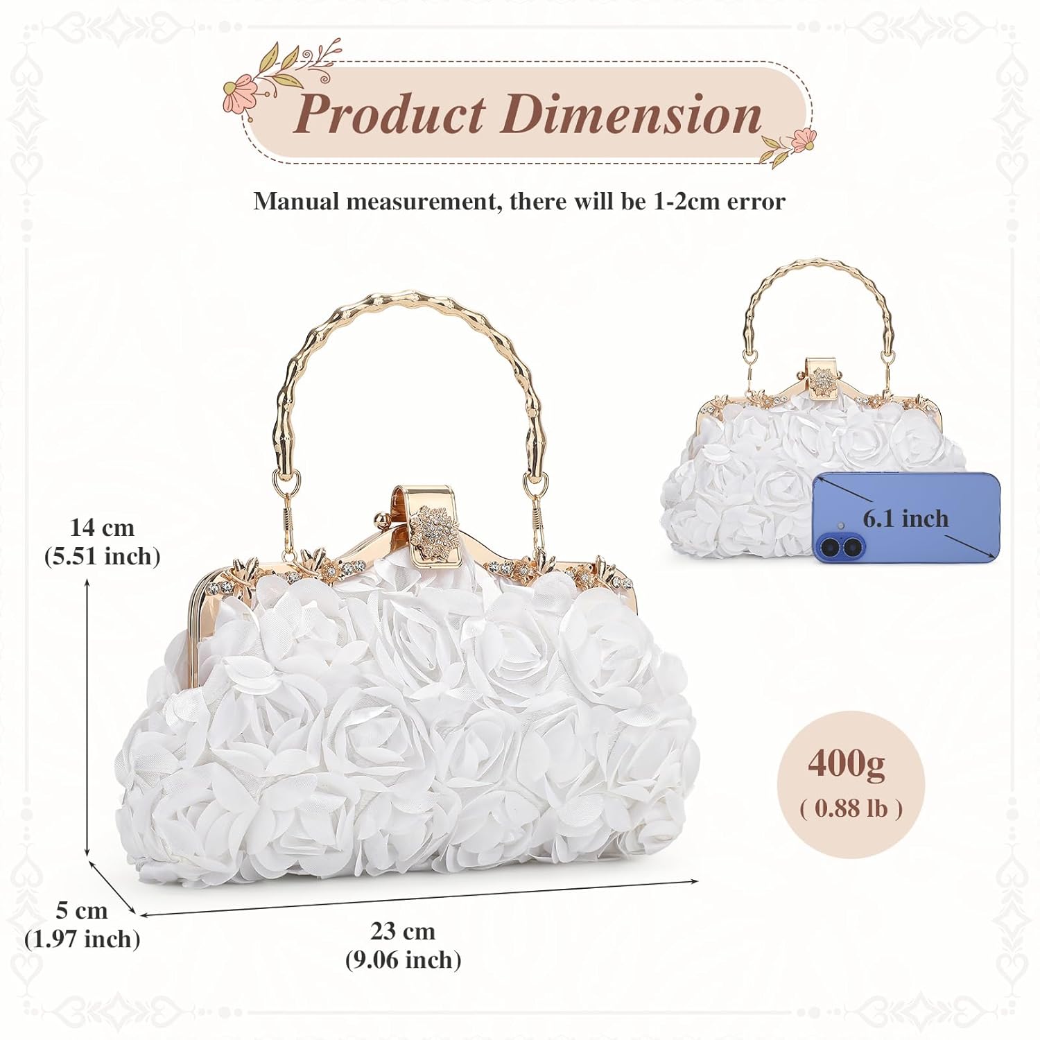 Floral Clutch Purse for Women, Vintage Flower Evening Handbag Chain Strap Shoulder Bag for Wedding, Prom, Cocktail Party - Image 6