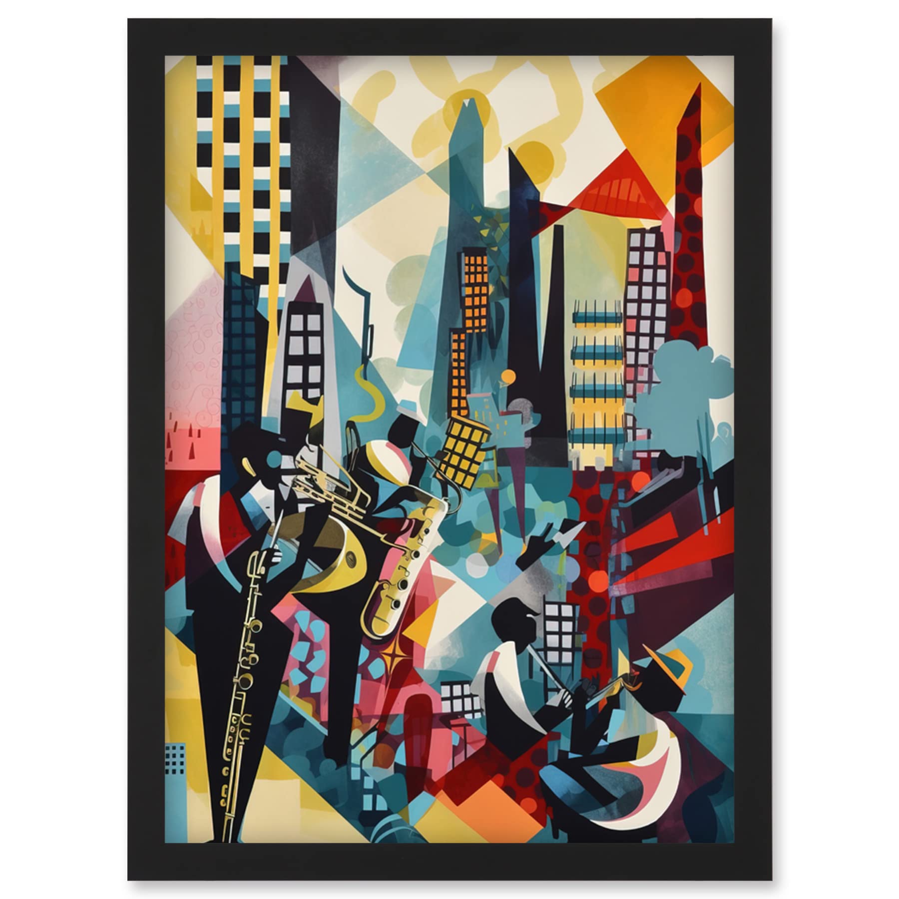 Artery8 Jazz Musicians Playing on an Urban Landscape Rooftop Abstract Modern Watercolour Illustration Artwork Framed Wall Art Print A4