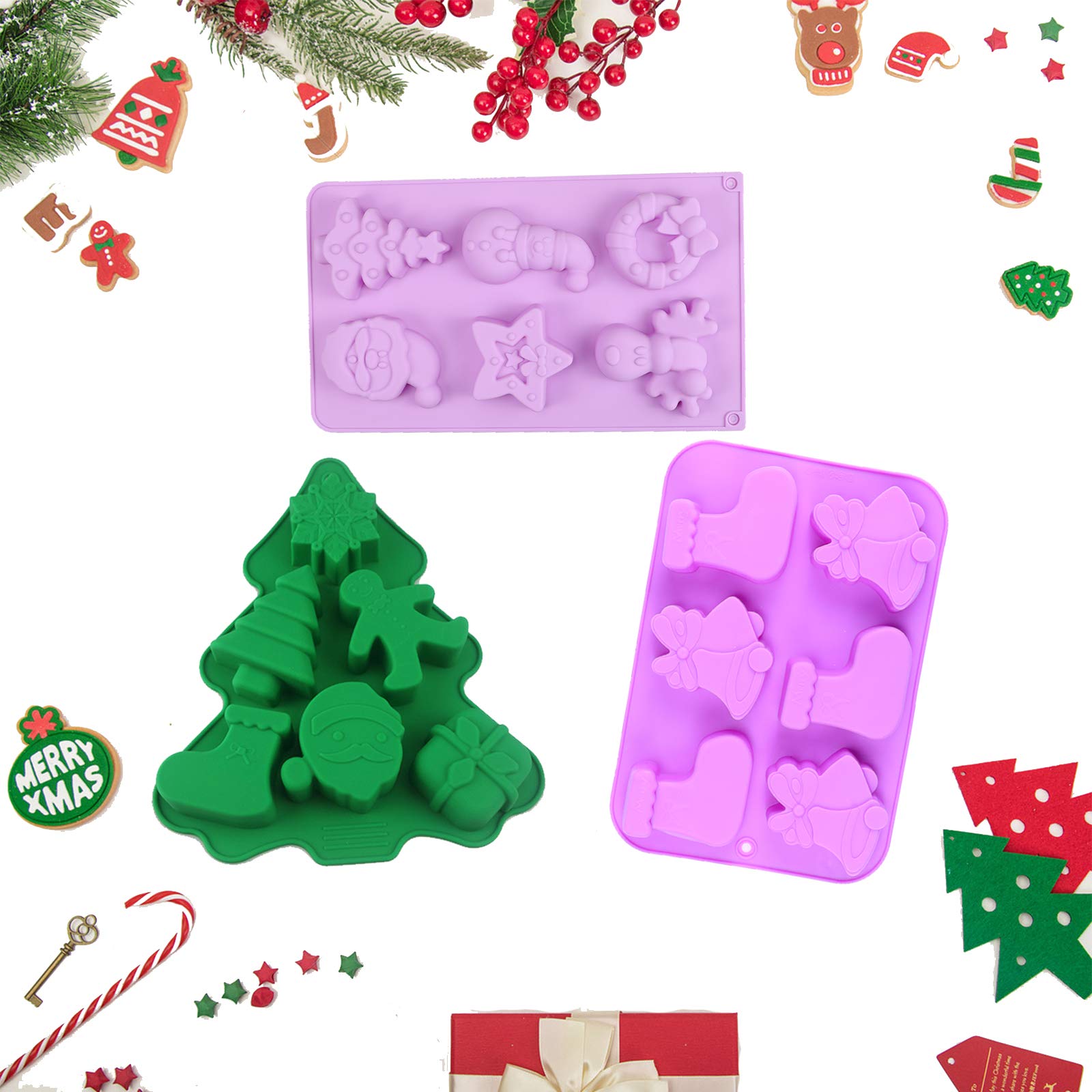 Bili-silly 3 Pack Christmas Silicone Molds Non-Stick Silicone Baking Mold Candy Chocolate Soap Mold Baking Mold with Christmas tree Socks Bells Christmas Kitchen DIY Baking Tools (3pack-C)