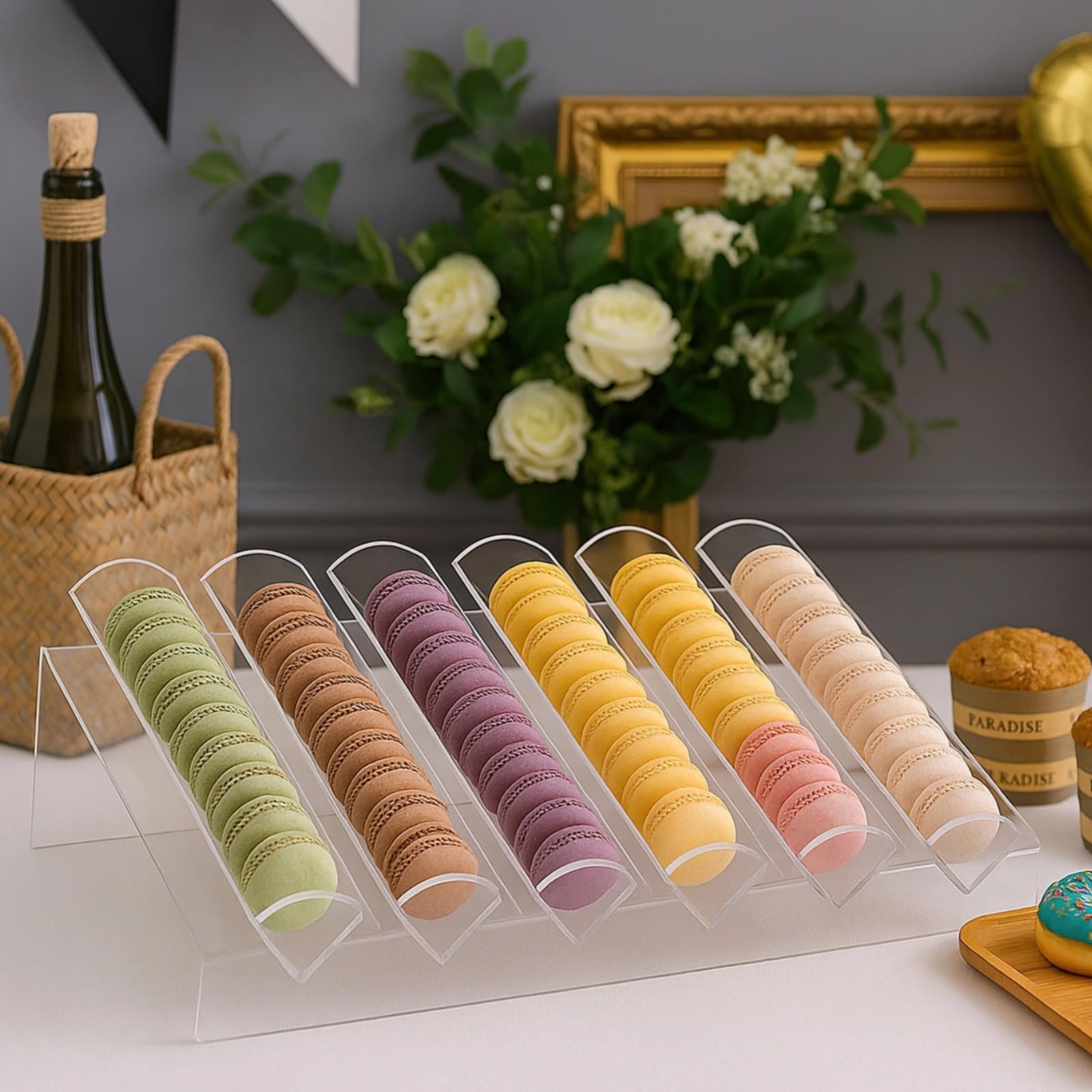 Plateau de présentation pour macarons, en acrylique, transparent, plateau de rangement pour macarons, présentoir à desserts avec 6 fentes pour servir à la maison