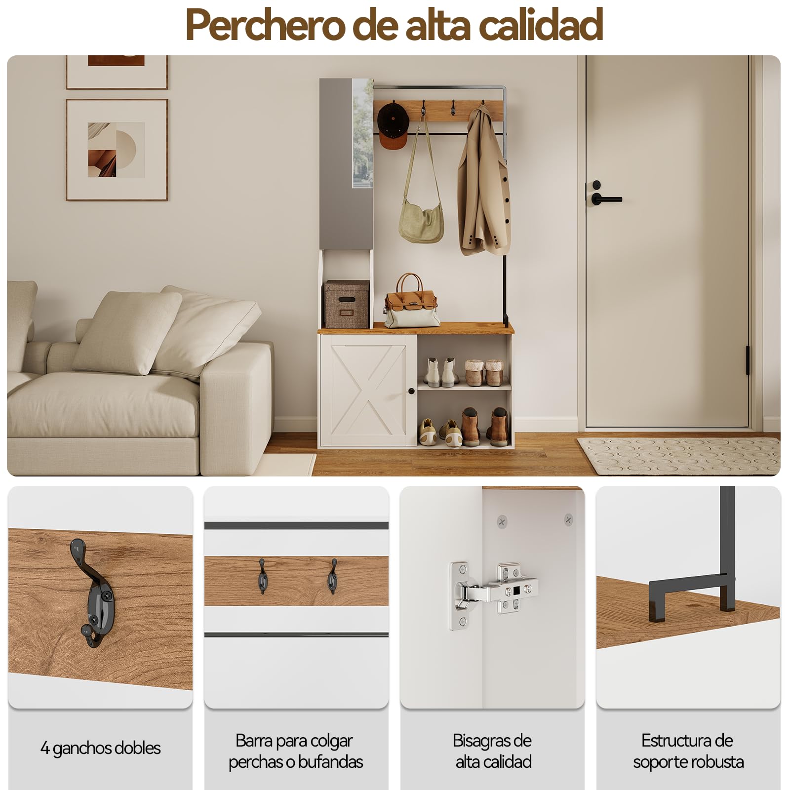 YU YUSING Perchero Zapatero Multifuncional, Perchero Entrada Recibidor | Espejo con Zapatero con Banco para Zapatos, Mueble Zapatero Recibidor Moderno con 4 Ganchos,90x30x170cm, Blanco y Natural