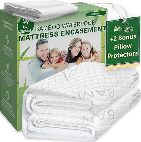 Protector de colchón de rayón de bambú con cremallera + 2 protectores de almohada, 100% impermeable, refrescante, tamaño King, tela ultrasuave,