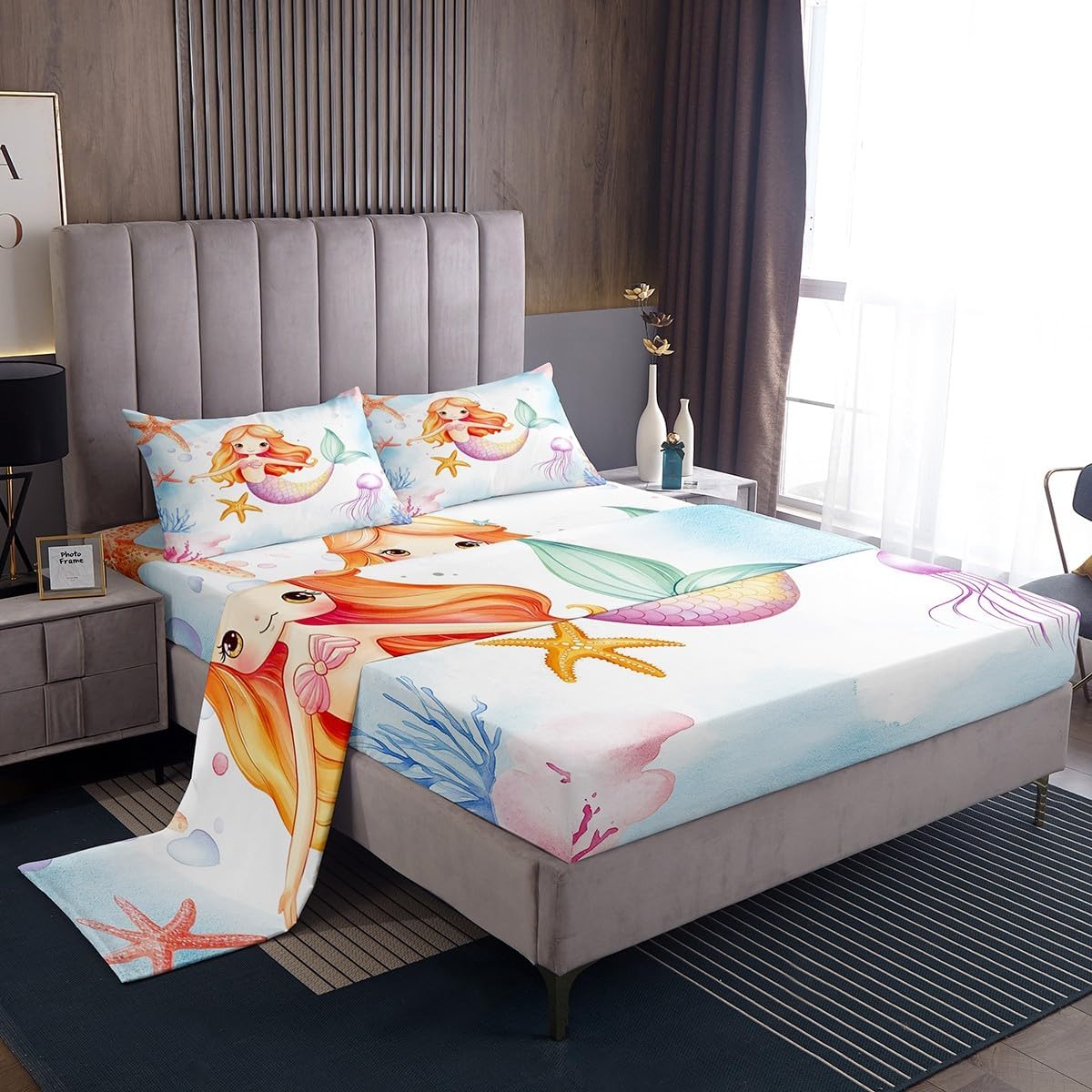 Erosebridal Ocean Bed Sheets Cute Kawaii Mermaid Queen Size Sheet Sets Coastal Beach Themed Sheets Grunge Blue Sheet & Pillowcase Sets Watercolor Underwater World Flat Sheet Mermaid Gifts