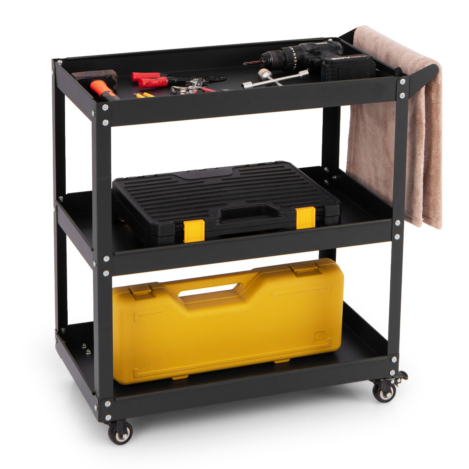 GYMAX Carro de Herramientas con 3 Niveles, Carro de Taller con Estantes de Almacenamiento, Asa y 4 Ruedas, 2 Bloqueables, Carga 120 kg, Carrinho Ferrramentas para Garaje Mecánico Hogar (Negro)