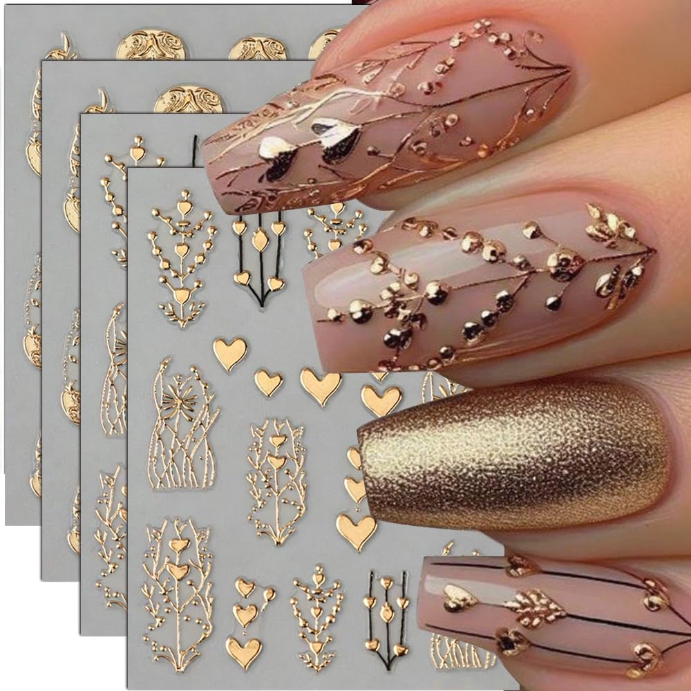 Gold 5D Heart Nail Stickers Valentines Nail Art Stickers Holiday Love Embossed Nail Decals DIY Self-Adhesive Flower Tree Hearts Design Sticker Nail Decoration for Women Manicure Accessories 4Pcs