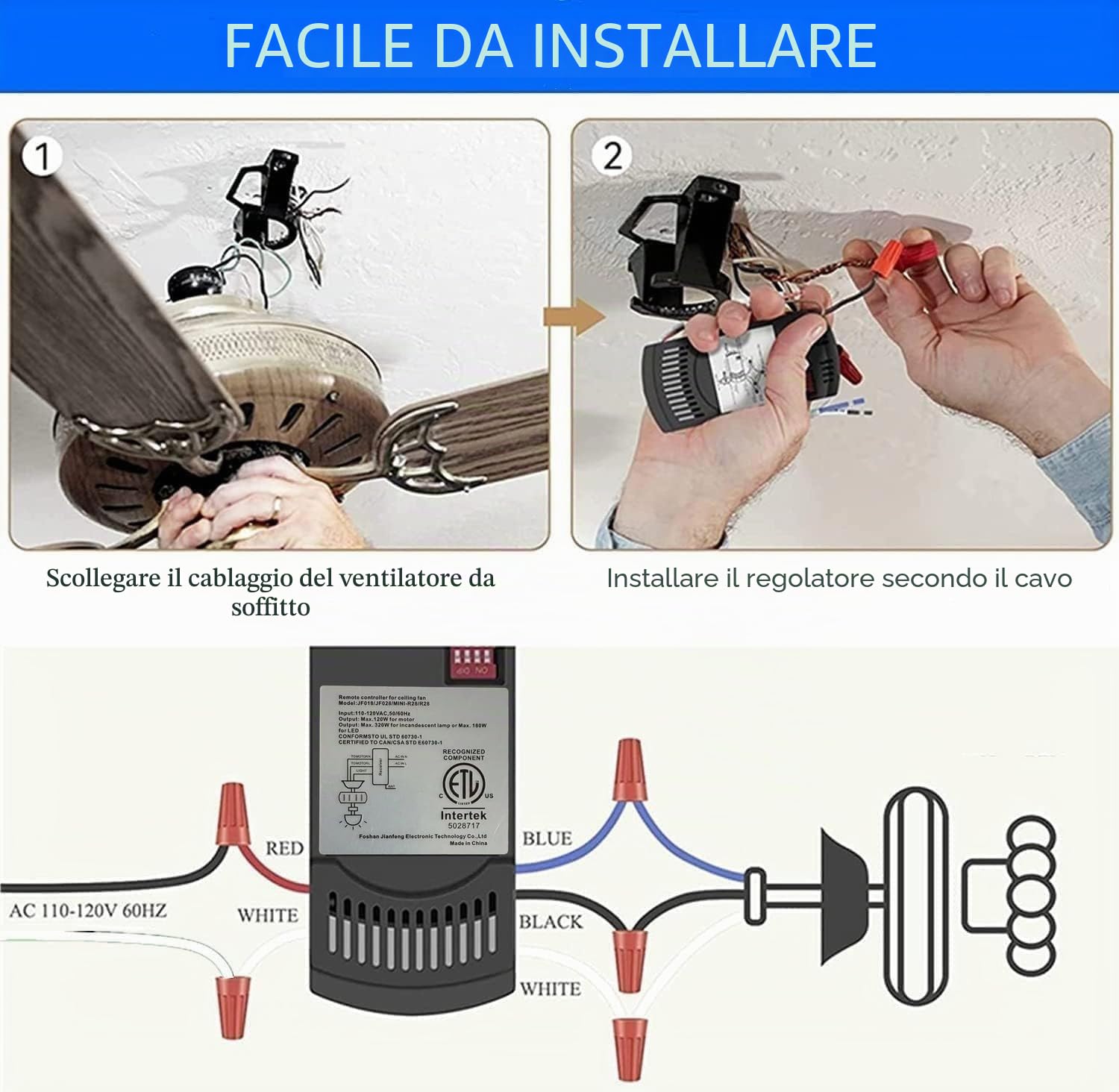Kit telecomando universale per ventilatore da soffitto 53T, 3 velocità e dimmer della luce, compatibile con telecomandi 11T 35T HD5 UC7030T UC9050T ecc. per Harbor Breeze Hampton Bay Hunter Litex (Kit