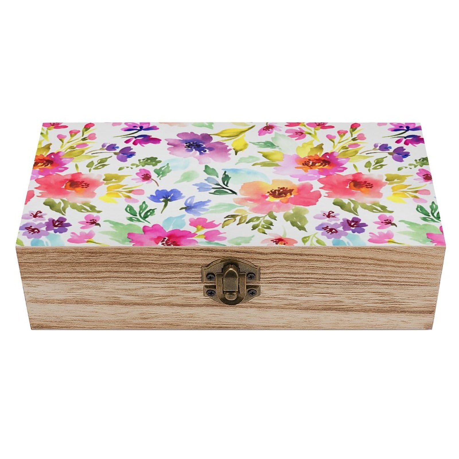 Spring Floral Watercolor Multicolor Vintage Wooden Keepsake Box with Hinged Lid And Locking Clasp, Decorative Storage Box for Jewelry, Trinkets And Small Accessories, Organizer for Home Or Wedding