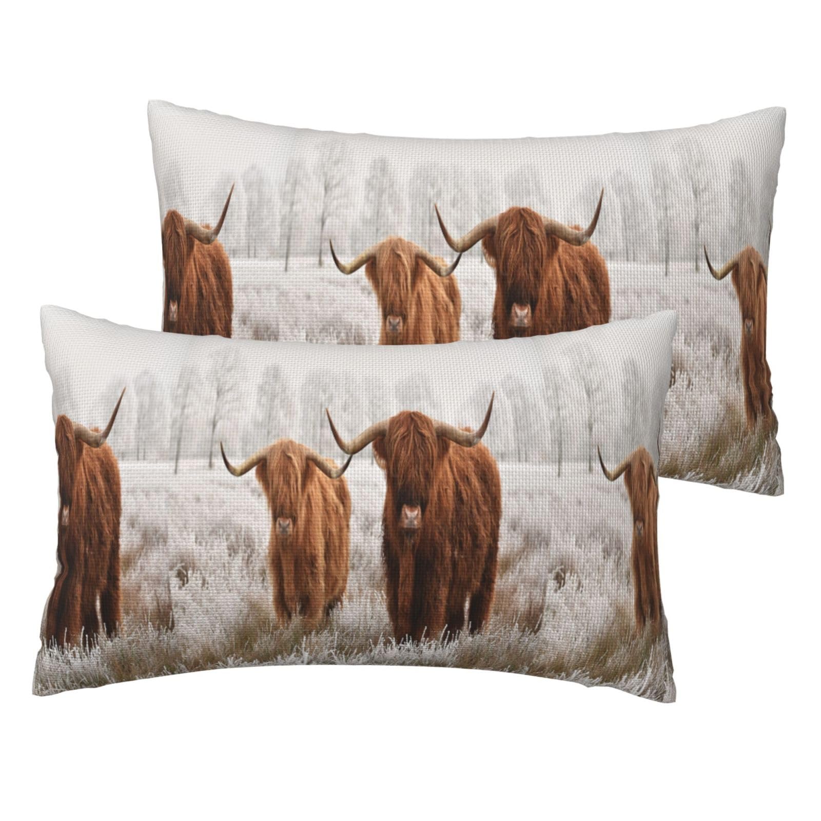 Egomed As Picture Winter Snow Scottish Highland Cow,Throw Pillow Cover Decorative Polyester Pillowcase Soft Cushion Covers 30X50 Cm