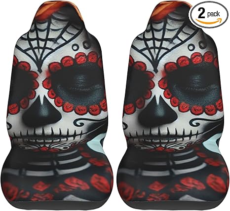2 Pack Sugar-Skull-Roses Car Seat Covers, Elastic Automotive Seat Slipcovers, Protects Seats from Stains and Pets, Good for Everyday Use