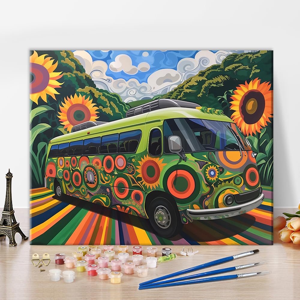 TISHIRON Paint by Number Grass Green Park Shuttle Cruising Past Sunflower Yellow Fields Paint by Numbers Kit for Adults with Brushes and Pigment, DIY Painting by Numbers, 16x20 Inch