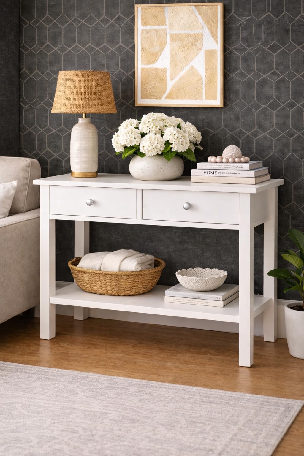 Saxony® Console Table Slim Side Table Living Room Tables Very Narrow Hallway Furniture Cabinet with Drawers Hall Table Indoor Storage Unit Decor Tables White
