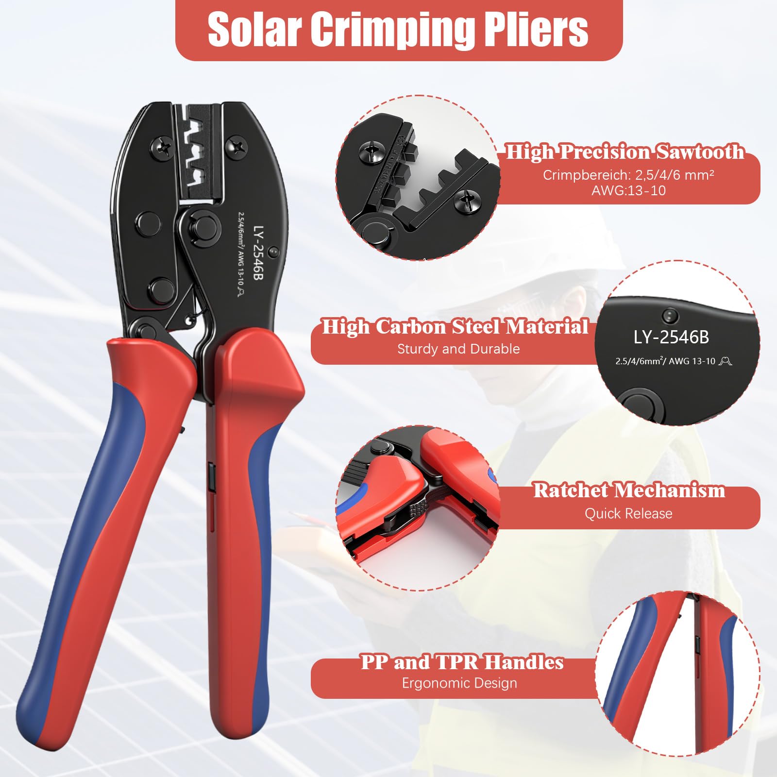 Pince à Sertir Cosse Electrique pour Câbles PV de 2,5/4/6 mm², Outils de Sertissage Solaires, avec 1 Pince MC4, 12 Paires de Connecteurs Solaires et 2 Clés, pour Panneau Solaire Câble