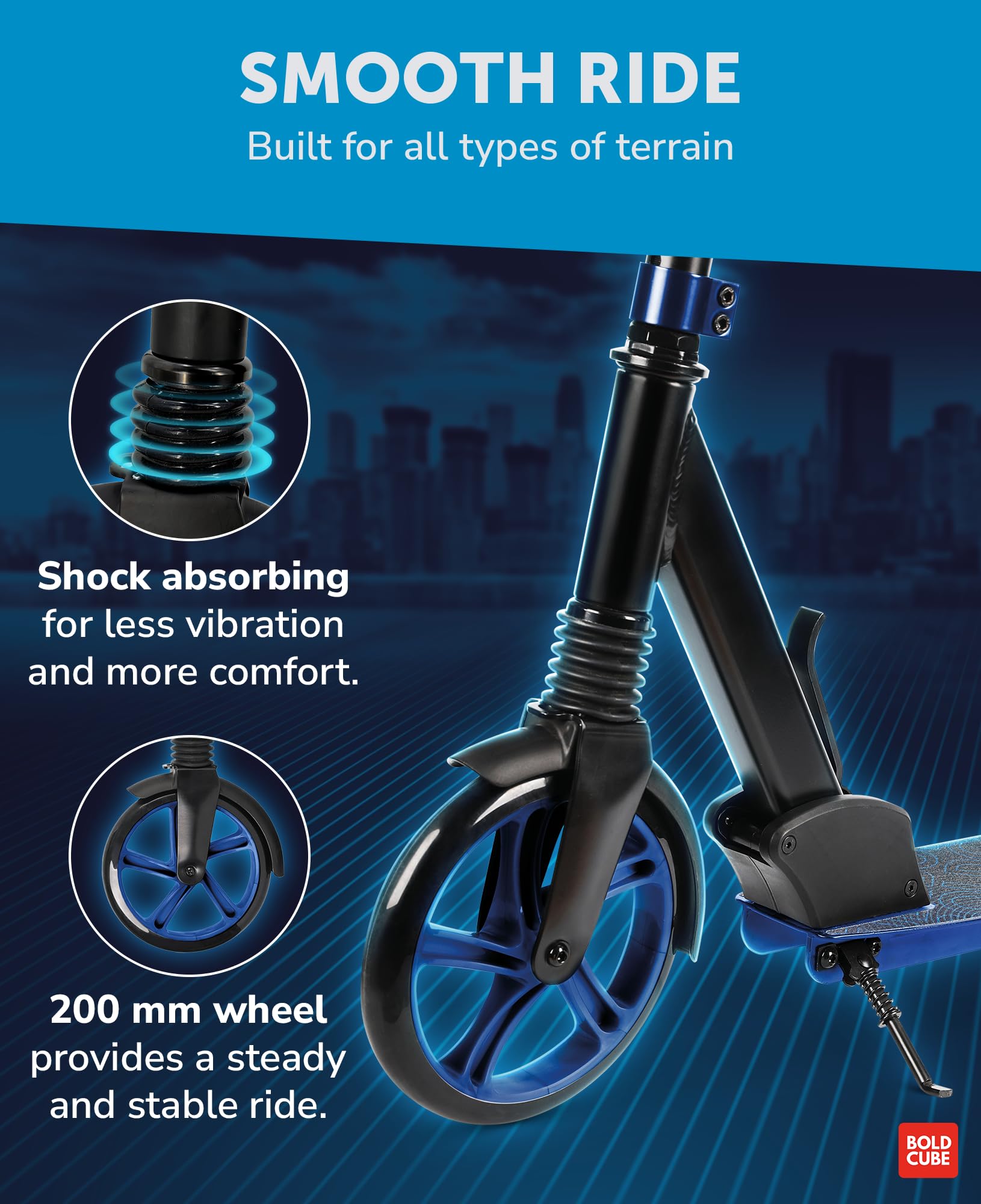 BOLDCUBE Big 2 Wheeler | Scooter for Kids & Teens Ages 7+ Years | Play & Commute | Front Suspension Fit with 200MM Wheels | Height Adjustable 86 to 111 cm