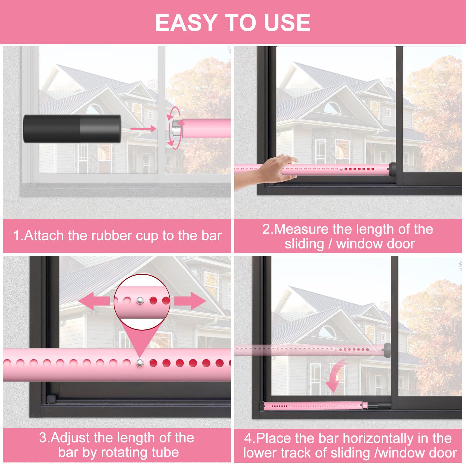 AceMining Barra de seguridad para puerta corrediza, barra de bloqueo de puerta corrediza de patio, barra de seguridad ajustable multiusos de 20 a 50 pulgadas, tope de puerta corrediza, rosa, 1 paquete
