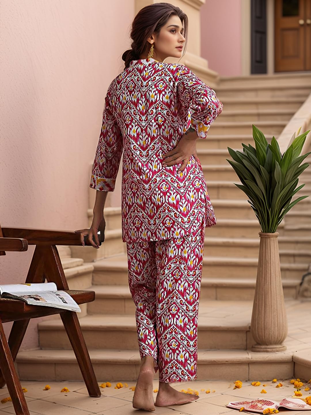 Nainvish Women's Pink Printed Straight Rayon Blend V-Neck Co-Ord Set (Sd727_Kb-L_Pink)