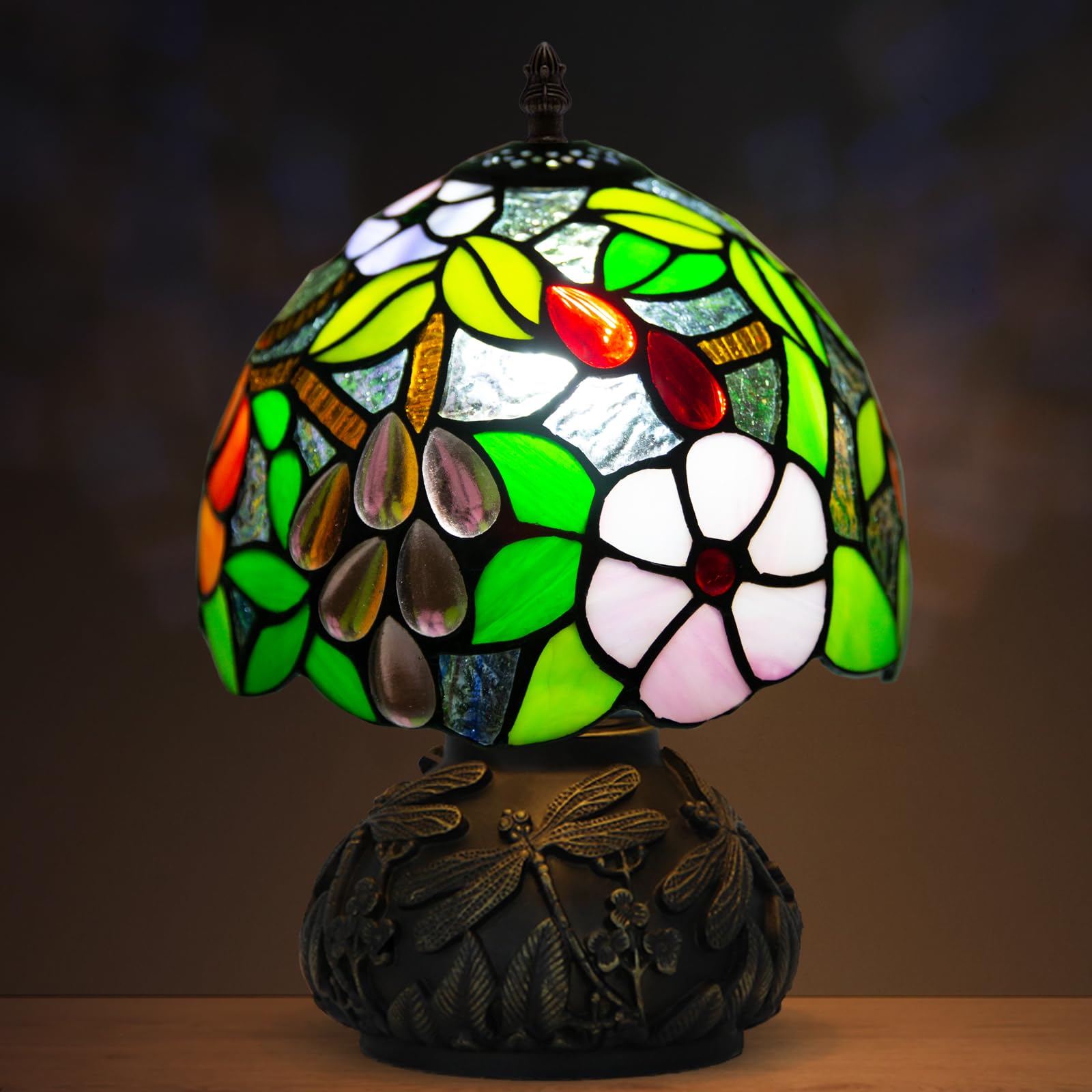 JHuiLap Small Tiffany Stained Glass Lamp, 3 Color Temperatures Bedside Lamp, 8 Inch Mushroom Desk Light for Bedroom Living Room Office Home Decor (