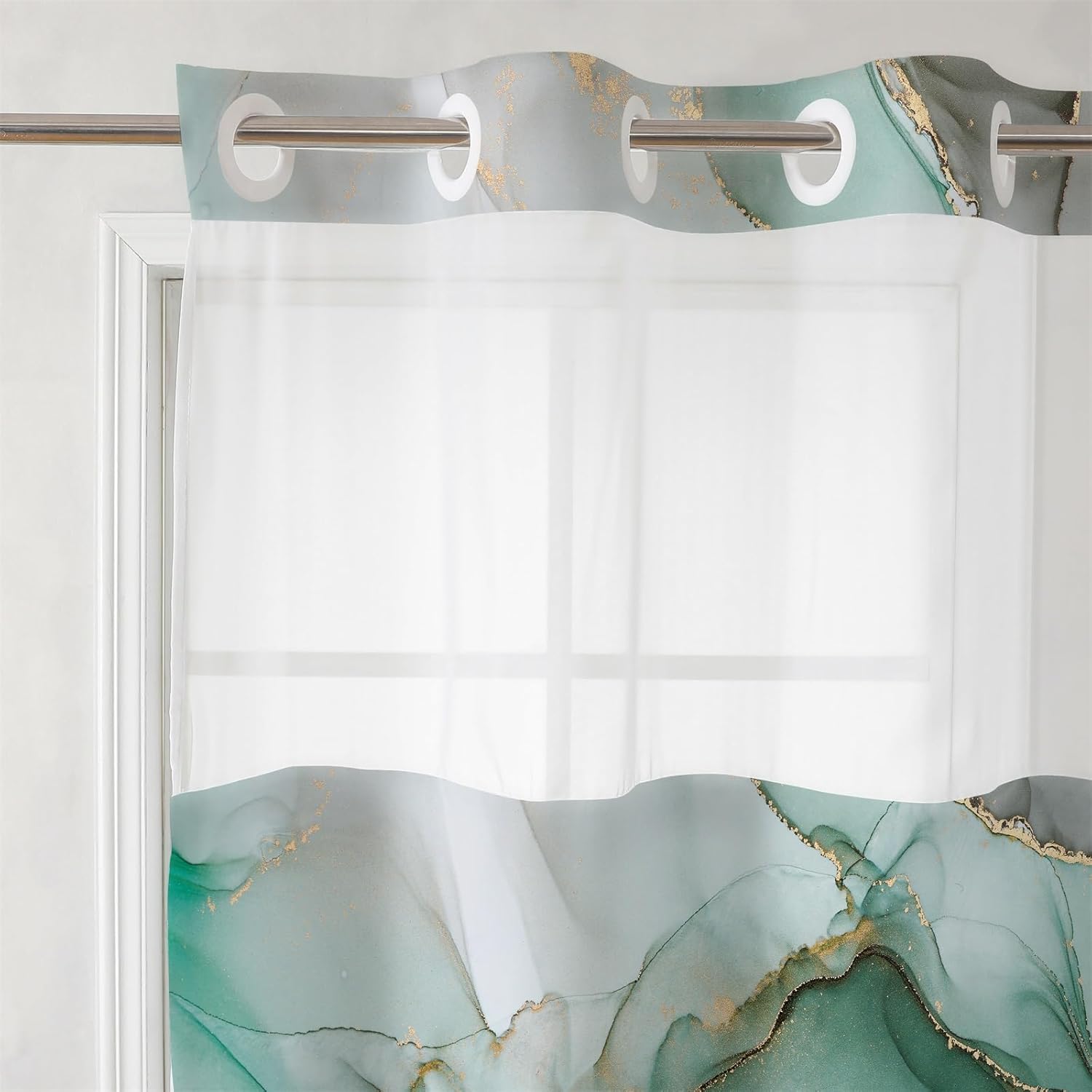 Green Marble No Hook Shower Curtain with Snap in Liner- Abstract Turquoise Gold Stripes Shower Curtains- Fabric Waterproof Inner Liner, Luxury Marble Modern Bathroom Curtain- Machine Washable, 71 x 74