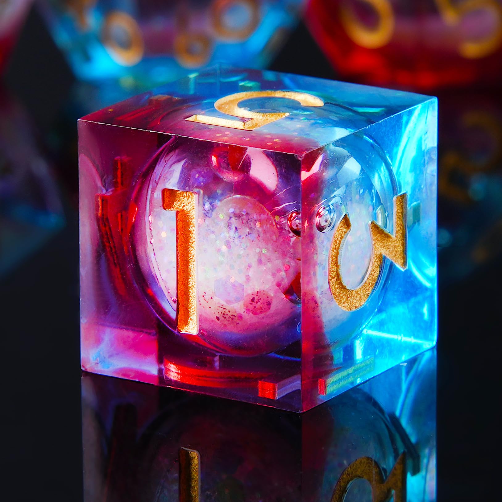 Liquid Core DND Dice Set, 7pcs Resin Sharp Edged Dice Set for Dungeons and Dragons, Handmade RPG Polyhedral D&D Dice, Role Playing Dice Set D20 D12 D10 D8 D6 D4 with Gift Box(Blue red) - Liquid-blue Red