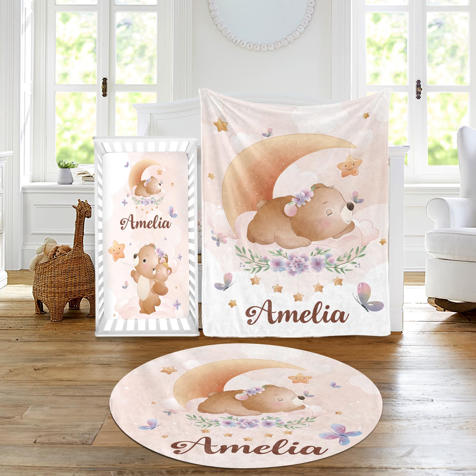 Custom Baby Crib Bedding Set - Moon Animal Personalized Name Nursery Bed 3 Pcs Set - Chic Soft
