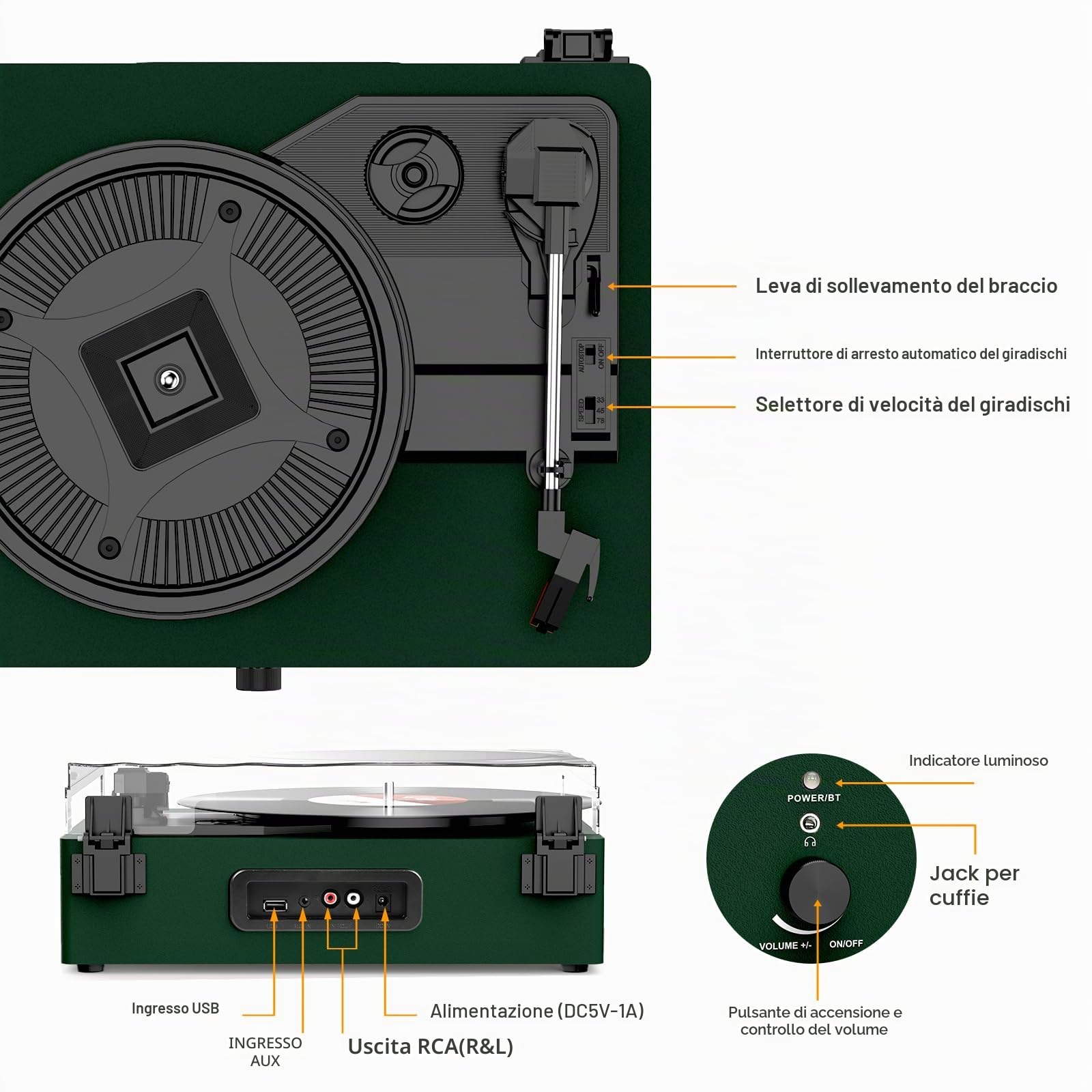 Udreamer Giradischi Bluetooth con Altoparlanti Integrati, Fonografo Vintage 3 Velocità, Verde