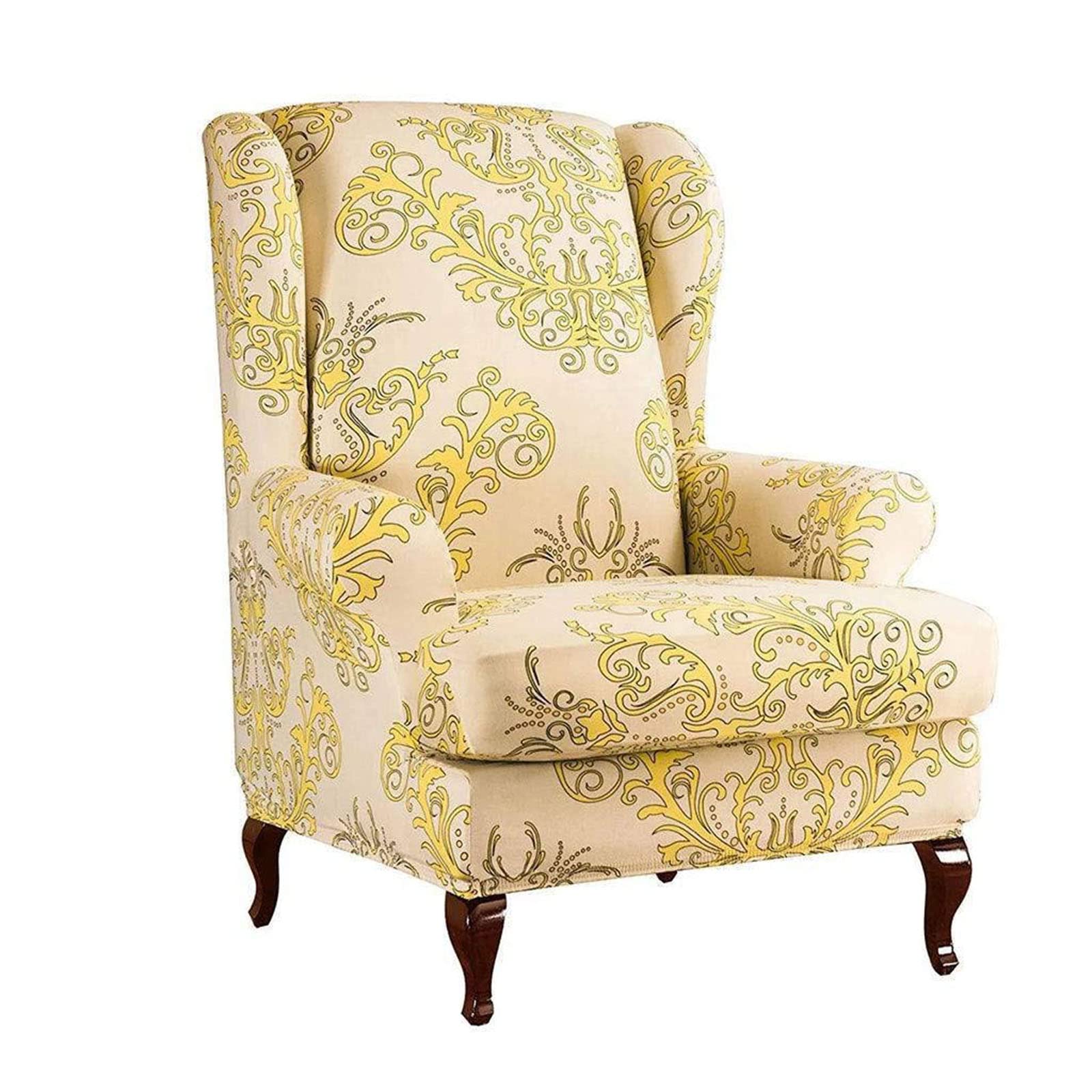 Wingback Chair Cover, 2 Pieces Stretch Wing Chair Cover Printed Armchair Chair Slipcovers Non Slip Washable Furniture Slipcover with Elastic Bottom -C
