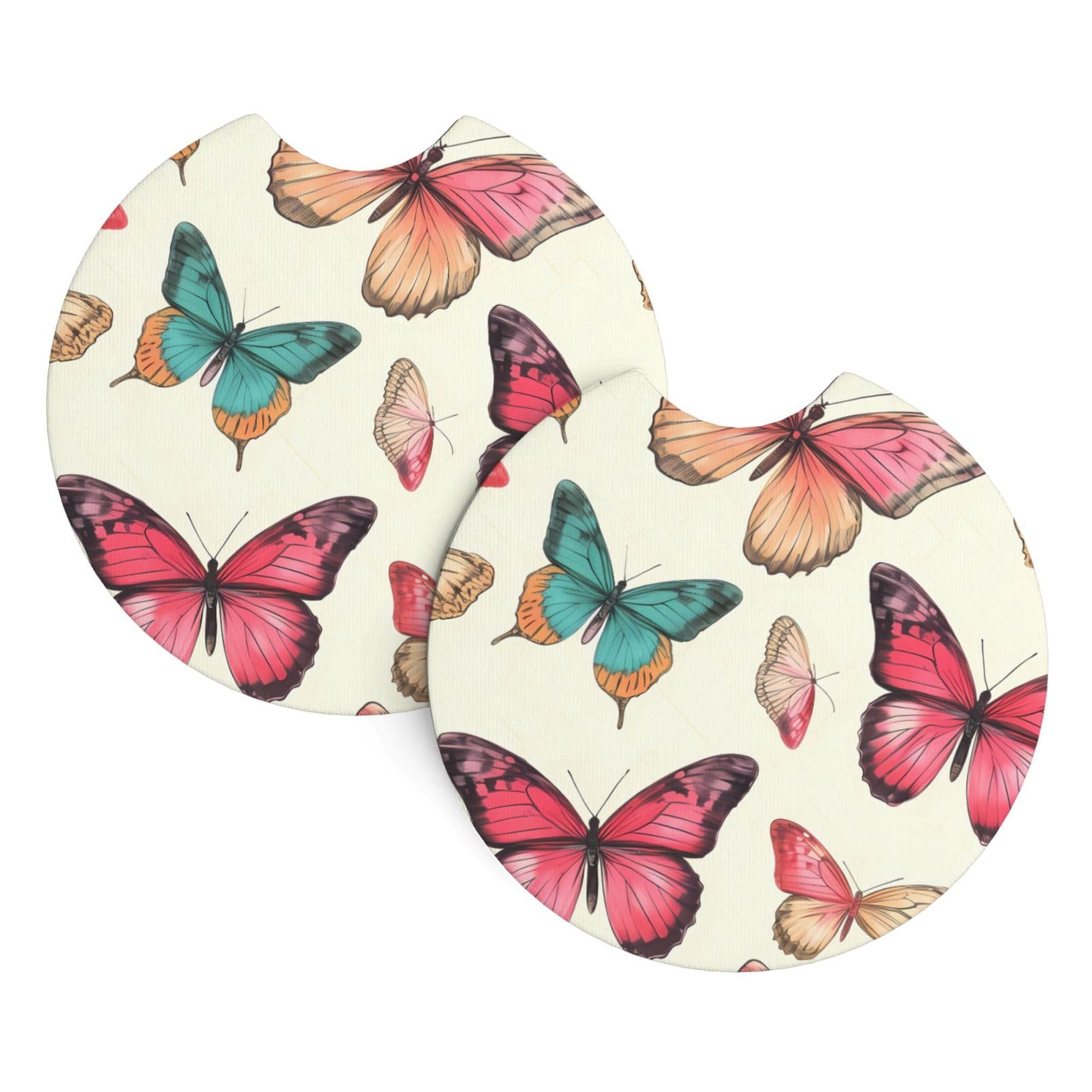 Hand Drawn Color Butterfly Printed Two Sets of Anti Slip and Waterproof Beverage mats for General Purpose car Coasters