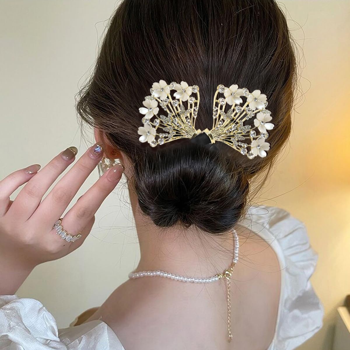 Sohansh Rhinestone Flower Hair Clip & Lazy Hair Curler, French Twist Bun Maker, Elegant Bun Shaper Hairstyle Tool, Pack of 1 (White) 3