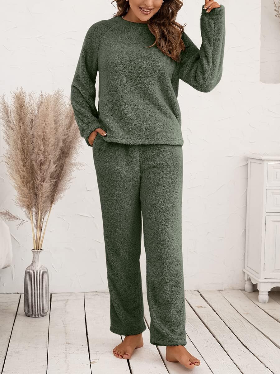 Generisch Ensemble pyjama pour femme en polaire à manches longues - Pyjama deux pièces pour l'hiver - Vêtement de nuit chaud avec pantalon de pyjama et haut