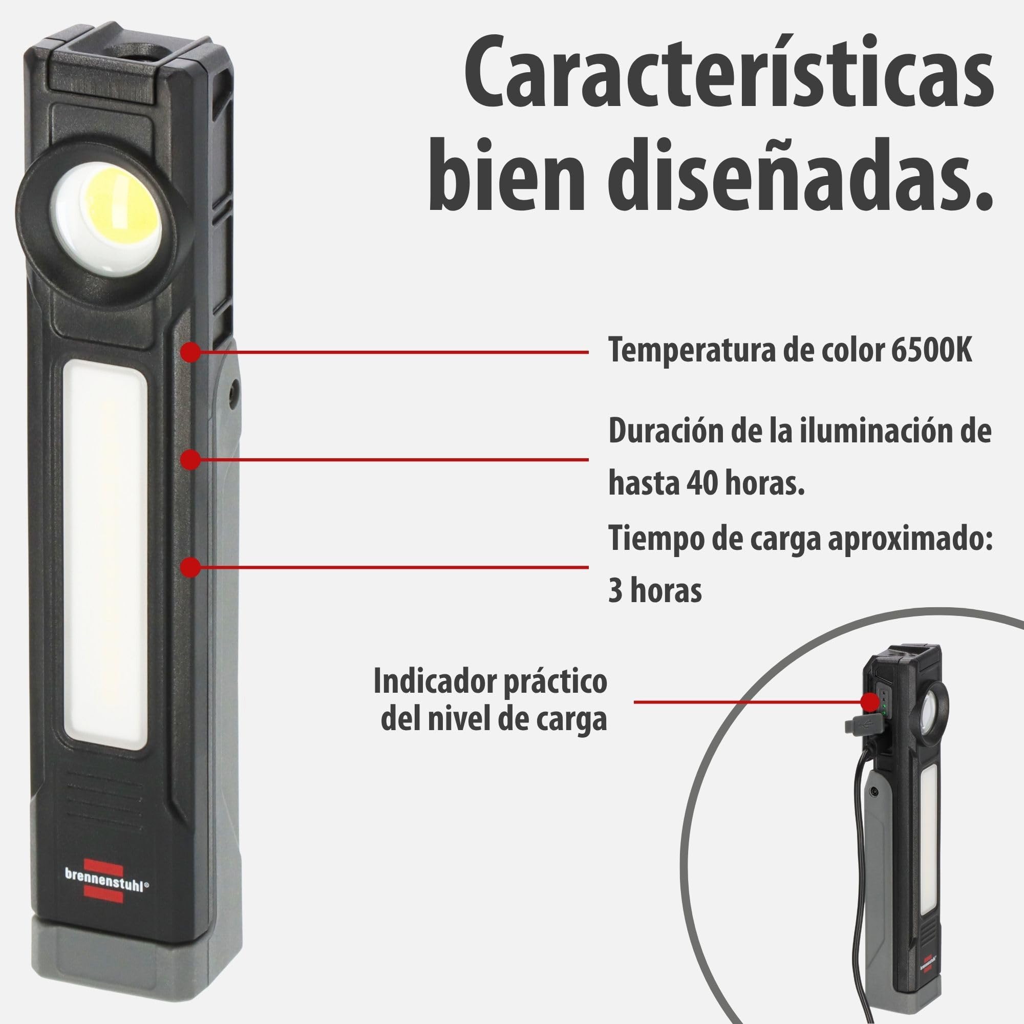 Brennenstuhl Linterna de taller LED recargable HL 900 A/Lámpara de trabajo con imán (3 fuentes de luz, 900lm, IP54, hasta 40h de duración, batería intercambiable, asa 130°, 6500K)
