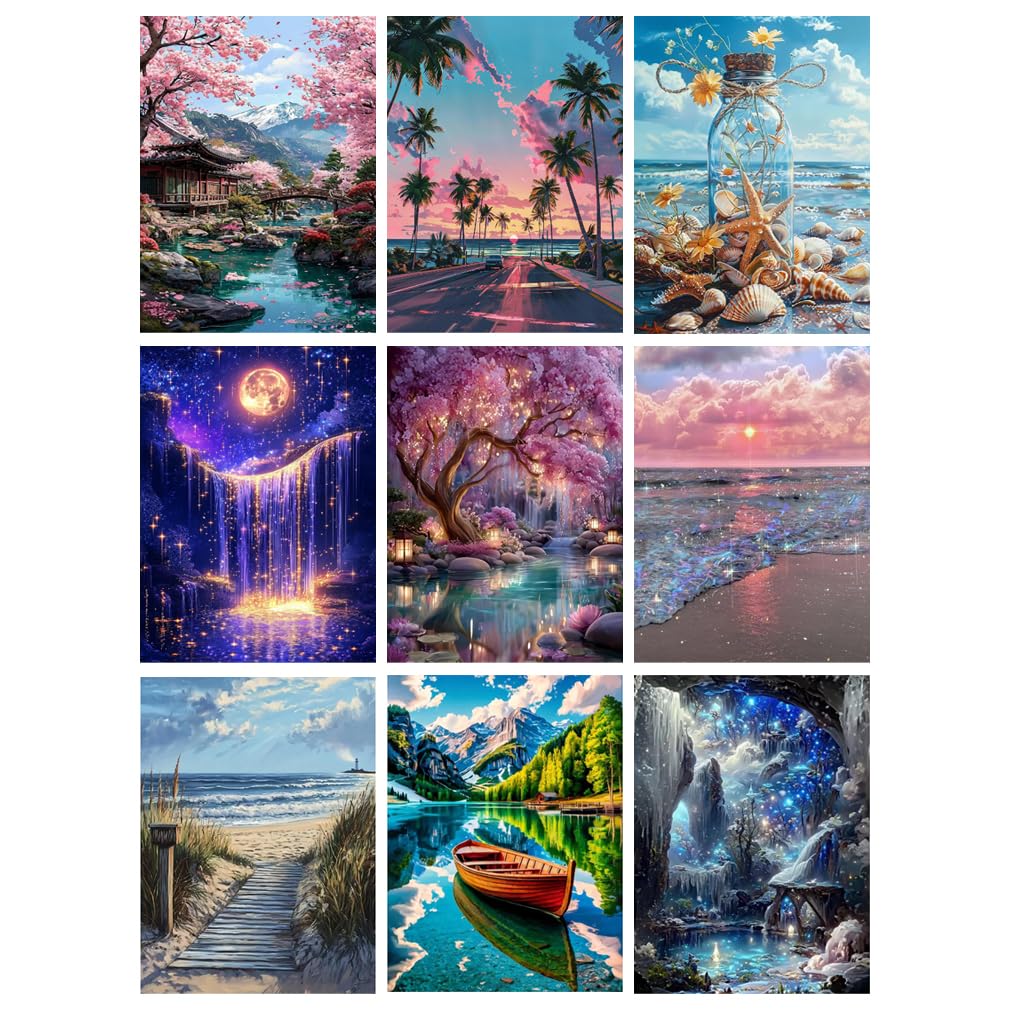 tigdtiu 9 Pack Diamond Art Kits Adults, Landscape Diamond Painting Kits for Adults Beginners, Beach 5D DIY Full Drill Gem Art, Seascape Painting Dot Art Sets,Home Wall Decor 12x16 Inch