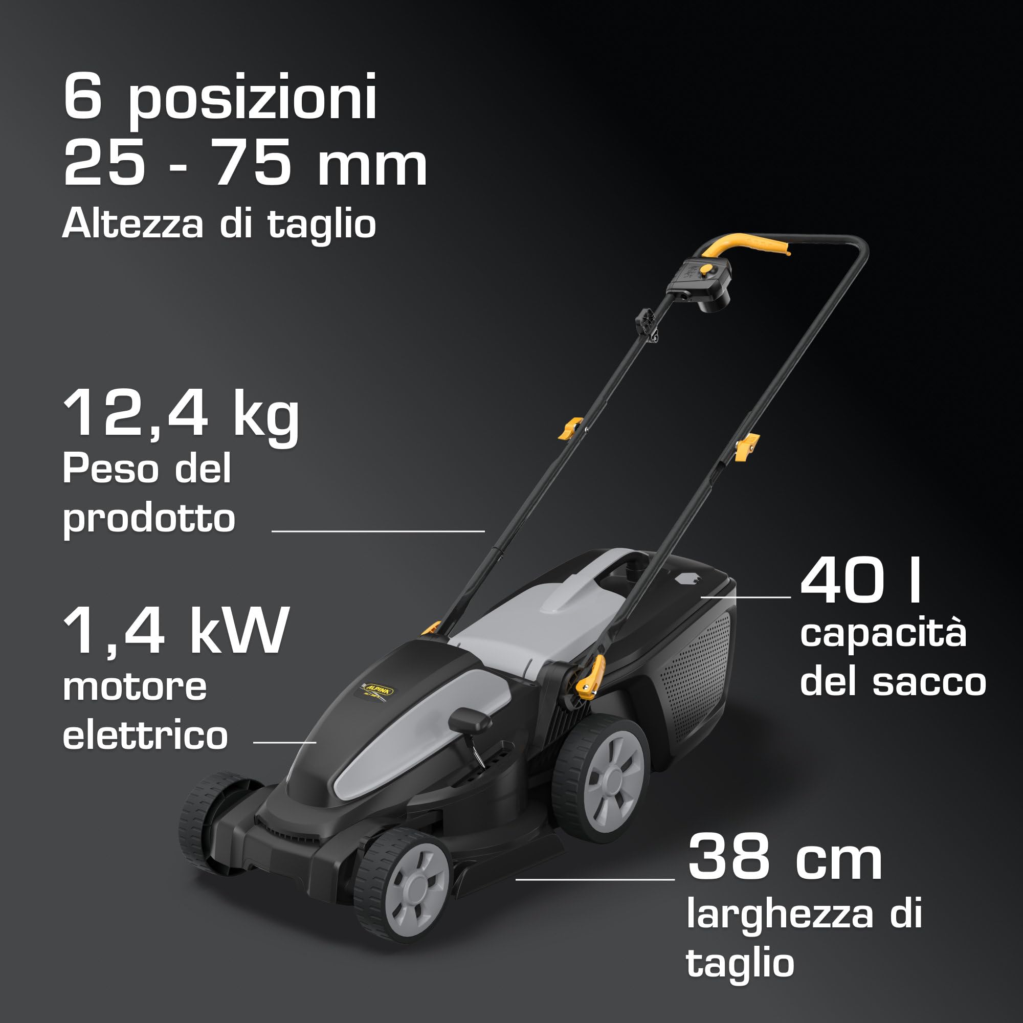 Alpina AL1 38 E Tagliaerba Elettrico, 1400 W, 38 cm – Sacco 40 l, Regolazione Centralizzata 6 Posizioni – Ideale per Giardini fino a 600 m²
