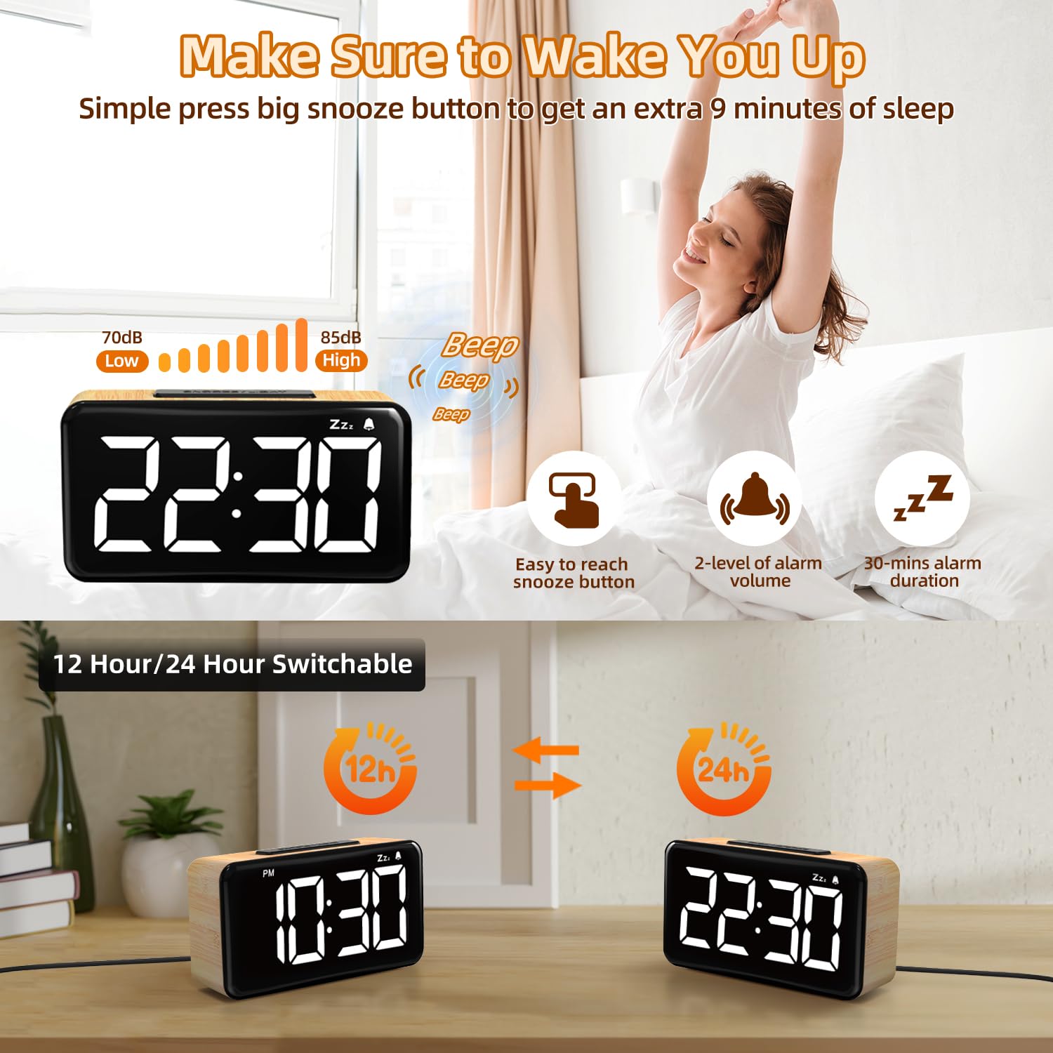 NOKLEAD Réveil numérique pour Chambre à Coucher : Grand écran LED de 15 cm, Fonction Snooze de 9 Minutes, 2 Niveaux de Volume, 5 Niveaux de luminosité, 12/24 Heures (Light Wood Grain)