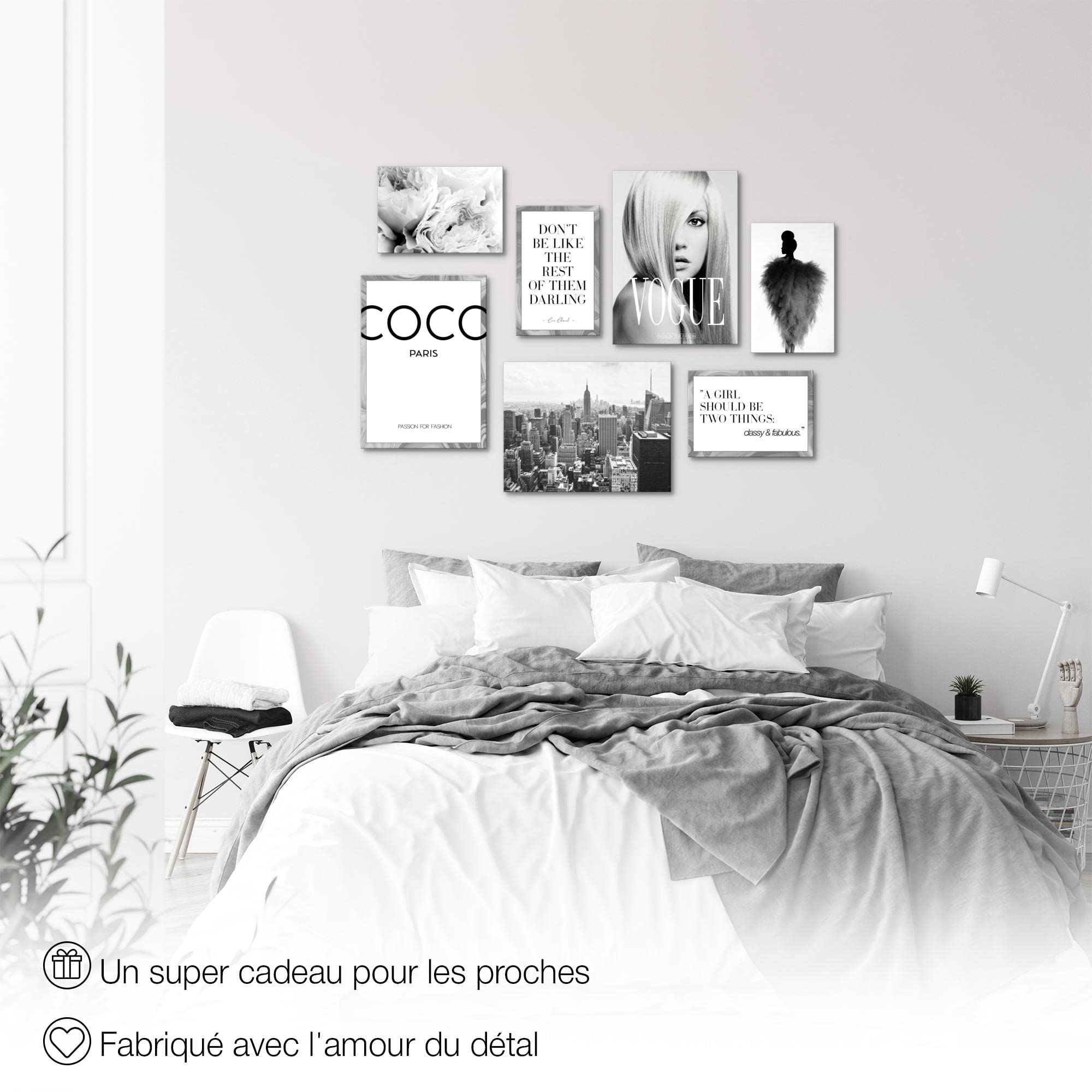 Novart- Tableau Décoration Murale- Mode Vogue- Decoration Chambre Salon- Prêt à être Accroché- 7 Cadres de 30x40 & 20x30 cm- Noir- N002171a