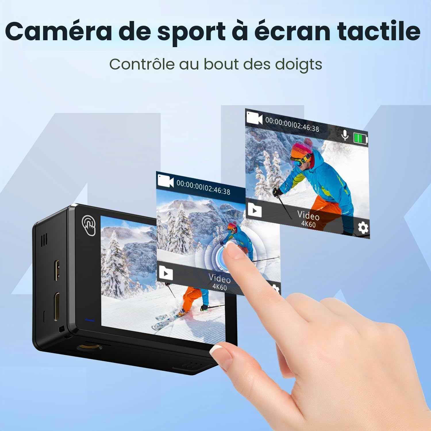 Dualscreen 4K60FPS Caméra Sport avec Carte 64G, Caméra sous-Marine 40M, CaméraWiFi à Écran Tactile 48MP avec EIS, Zoom 8X, Caméra d'action avec 2 Batteries 1350 mAh