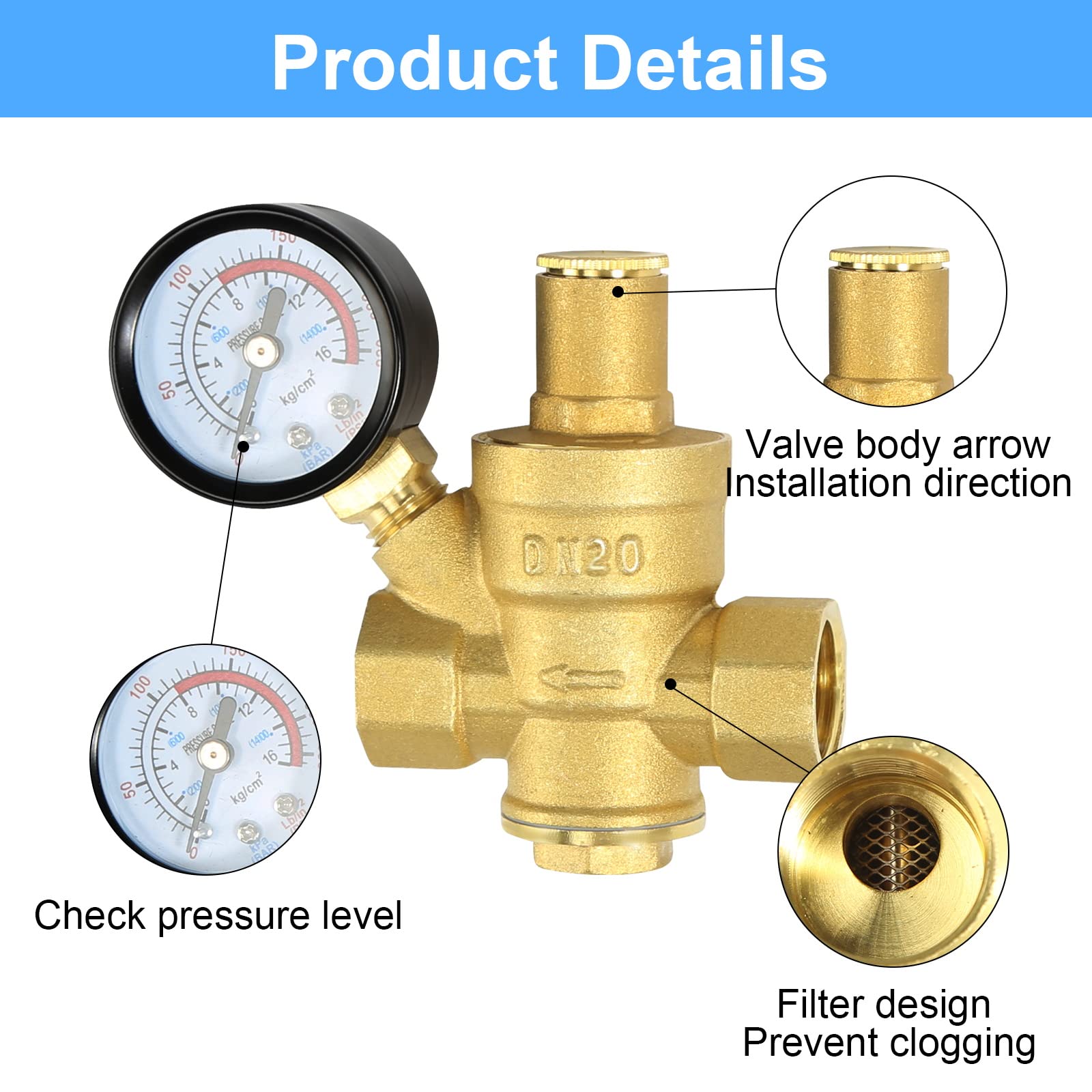 Druckminderer Wasser 3/4 zoll DN20 mit Manometer, Hergestellt aus 100% Hohe Härte Messing, Einstellbar Druckminderer für Wasser überdruckventil Wasser Druckminderer, Wasserdruckminderer Boiler