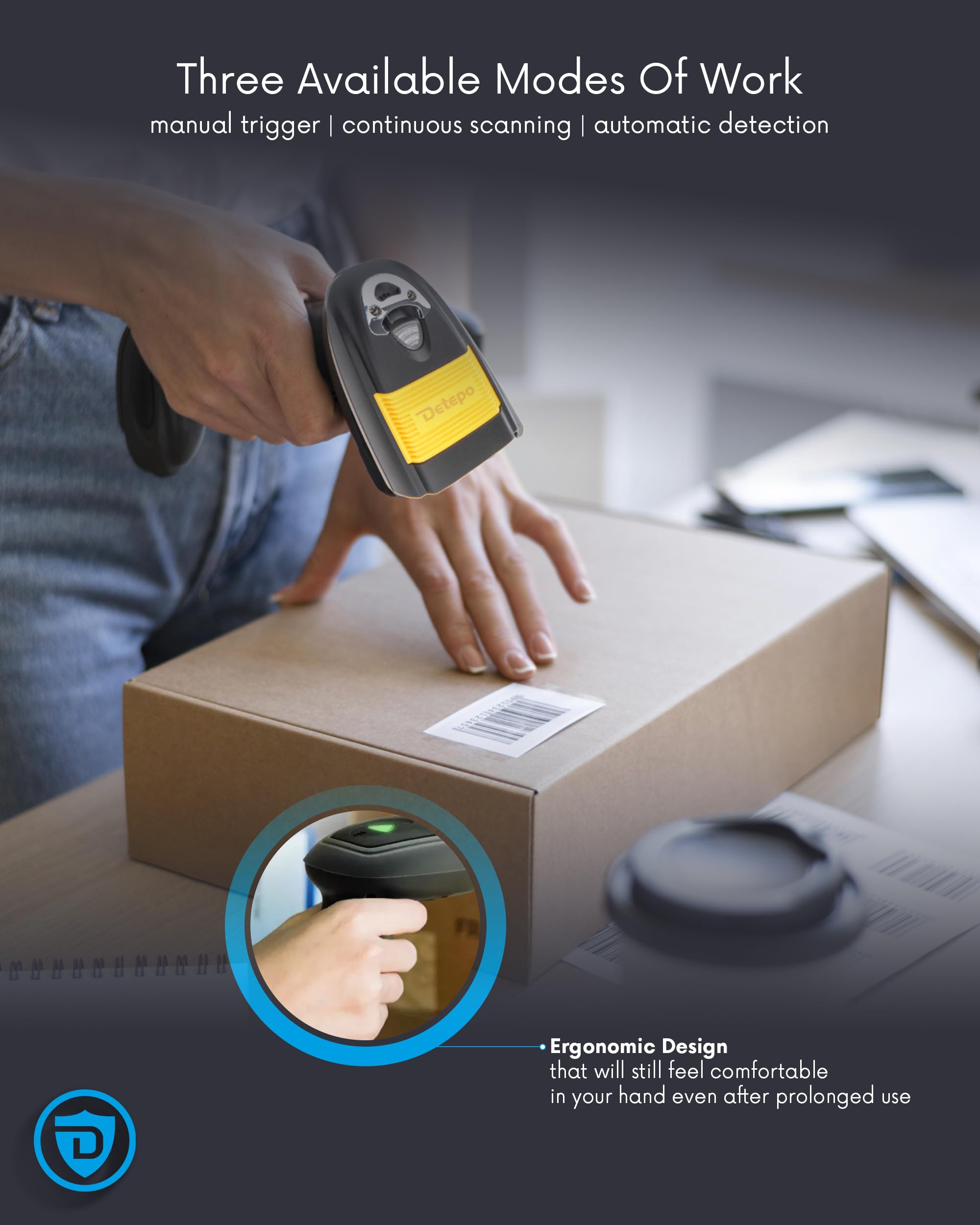 Scanner wireless per codici a barre e QR | Ingresso USB e Bluetooth | 3 modalità di funzionamento | Antipolvere e antigoccia | Design ergonomico | Batteria al litio ricaricabile (DB105)