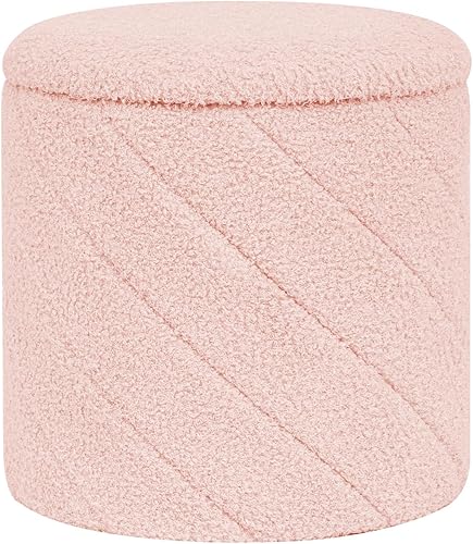 Miniatura 12 de Otomana redonda con almacenamiento, taburete Boucle con tapa de bandeja reversible, mesa de centro otomana plegable para dormitorio, sala de estar