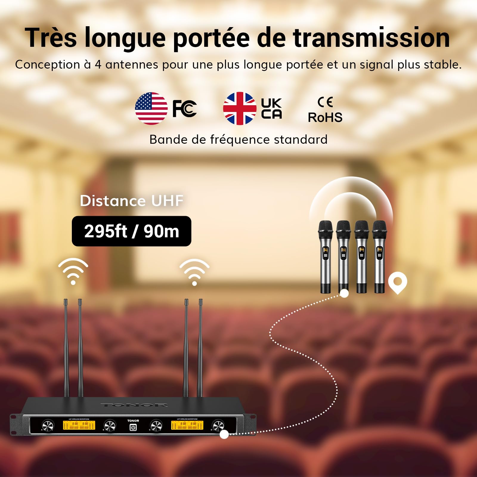 TONOR Système de Micros sans Fil avec 4x5 Canaux, Microphones à Main sans Fil en Métal, 4 Antennes pour Une Portée de 90m UHF, Signal Stable pour Le Chant, la Fête, l'église, Le Karaoké, Argent