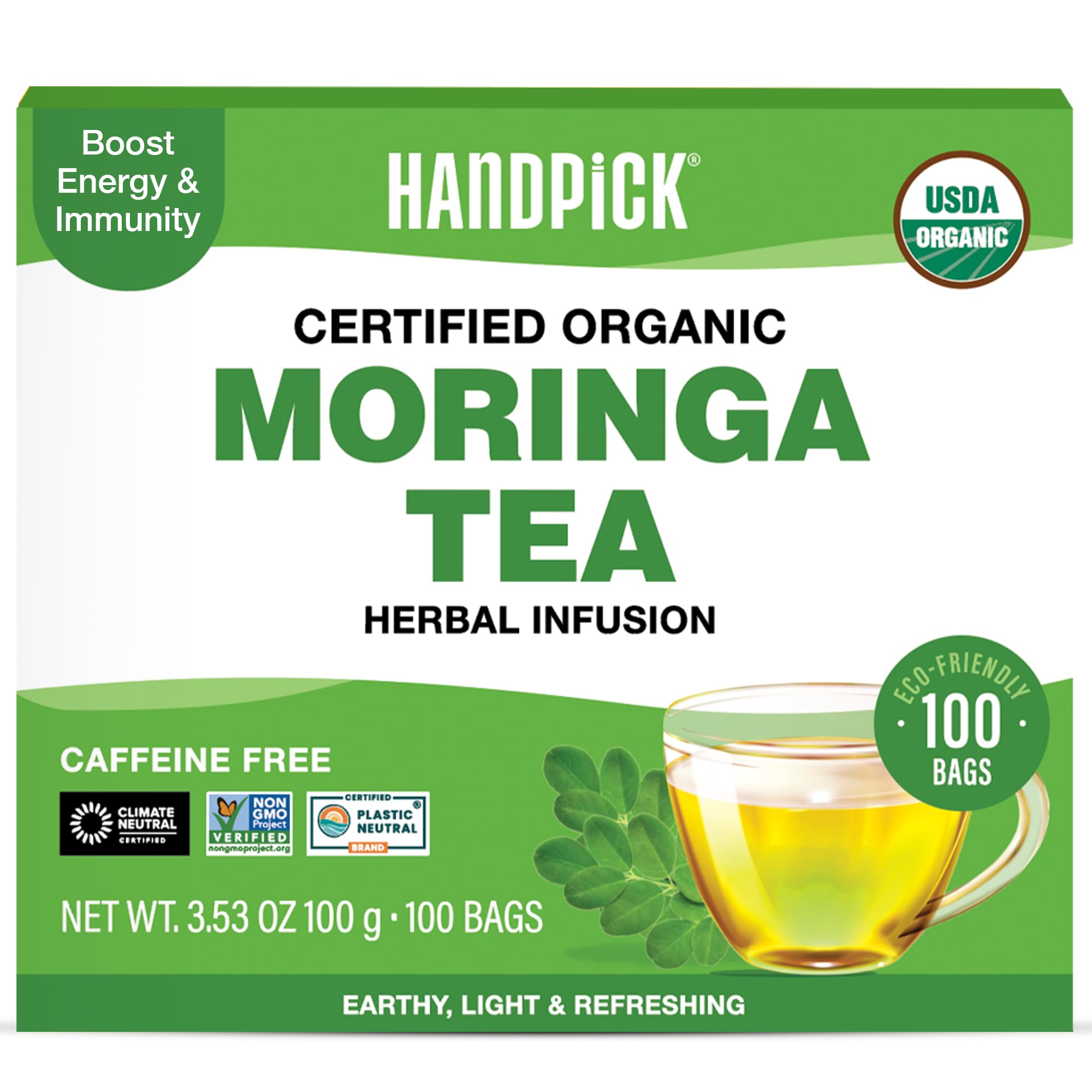 HANDPICK, Organic Moringa Tea Bags (100 Count), Pure Moringa Leaves | Authentic Indian Origin | Caffeine Free, Non GMO | Earthy, Light & Refreshing | Round Eco-conscious Teabags