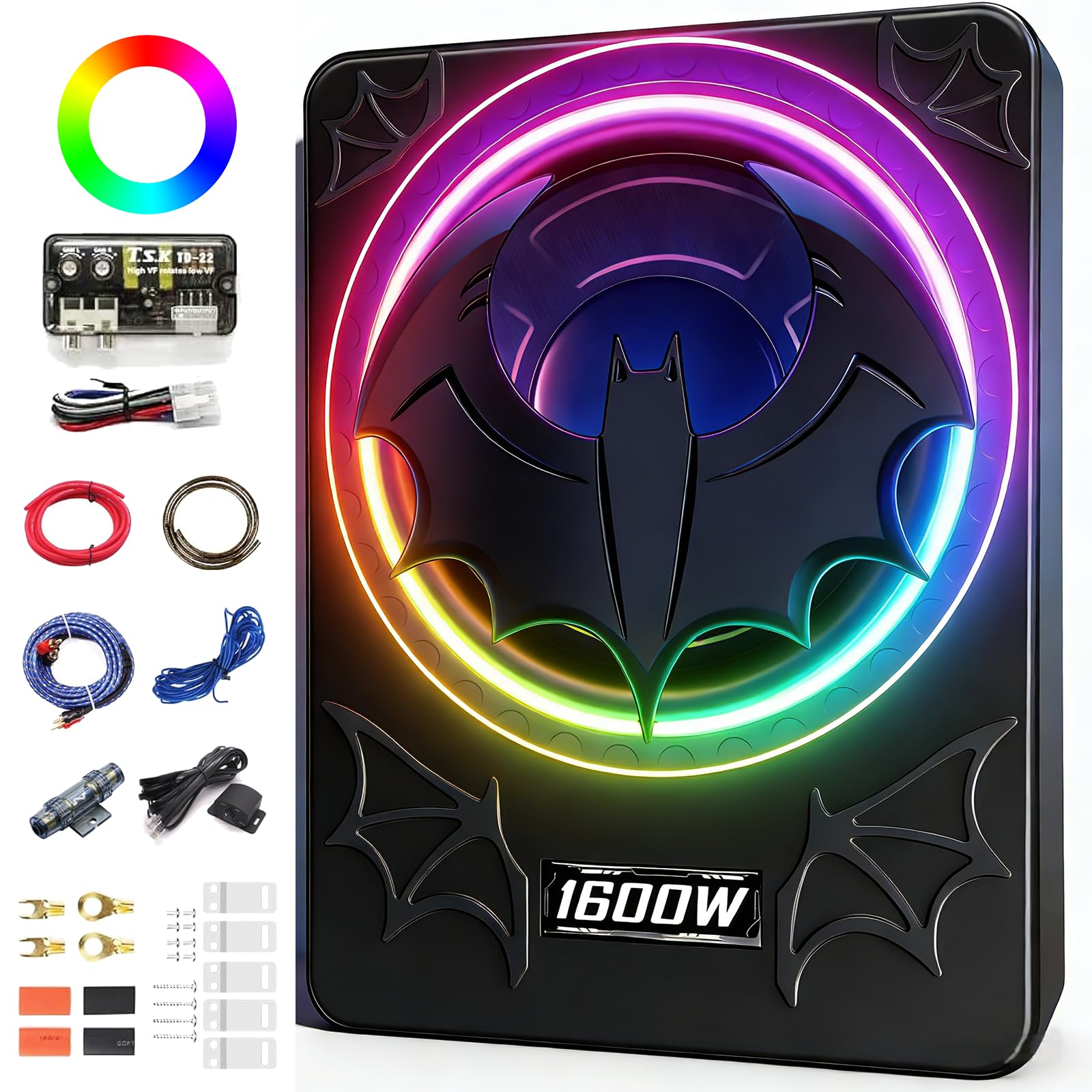 1600W Slim Underseat Car Subwoofer and Amp Package, Powered Under Seat Subwoofer with Built-in Amp, Subsonic Deep Bass, Cast Aluminum, DSP Class D, LED Ambient Light, for Truck SUV Sedan