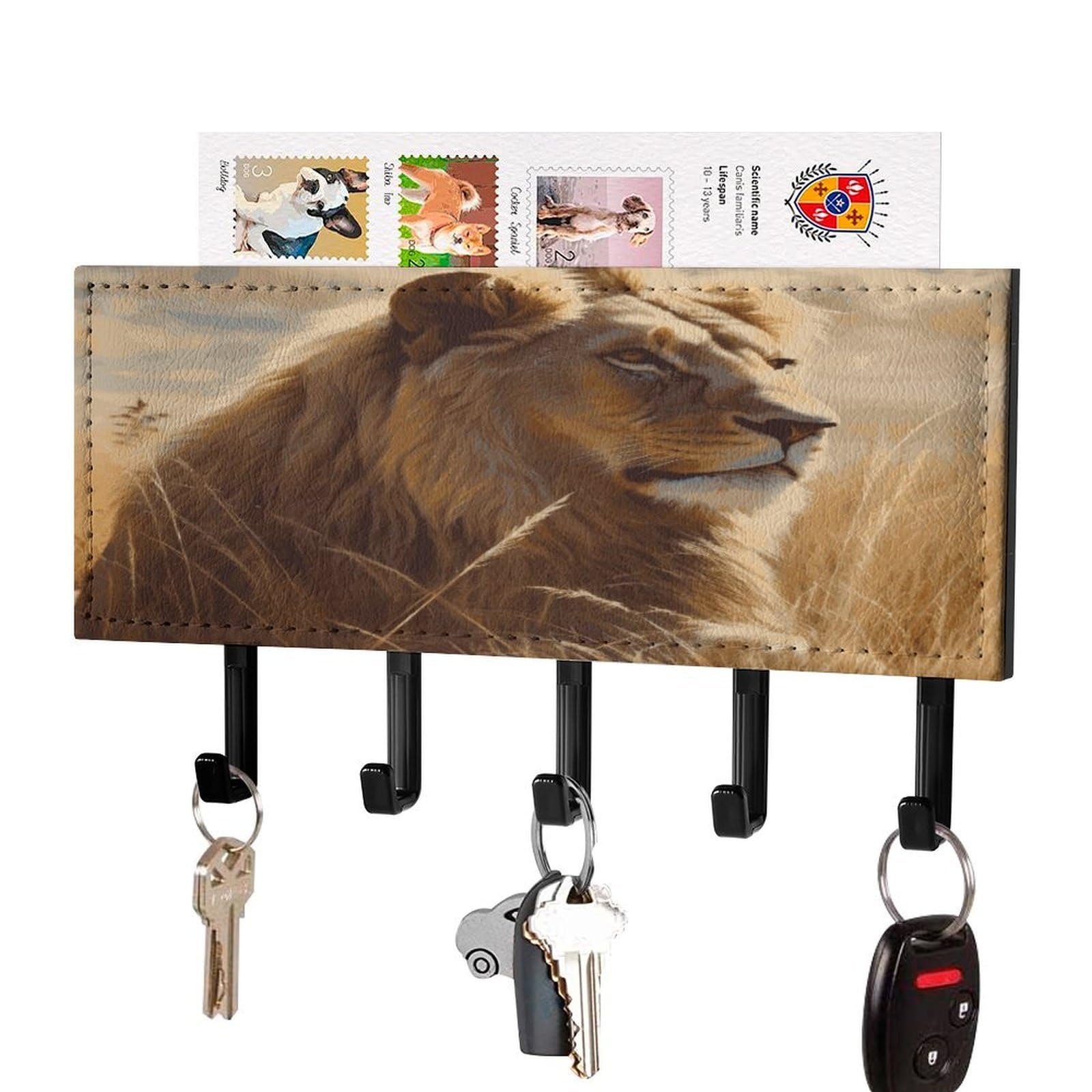 JTREHY Prairie Lion Key Holder Wall Mount Decorative Key and Mail Holder PU Leather Adhesive Key Organizer Hanging Key Hooks Wall Shelf with 5 Hooks for Entryway Hallway Office