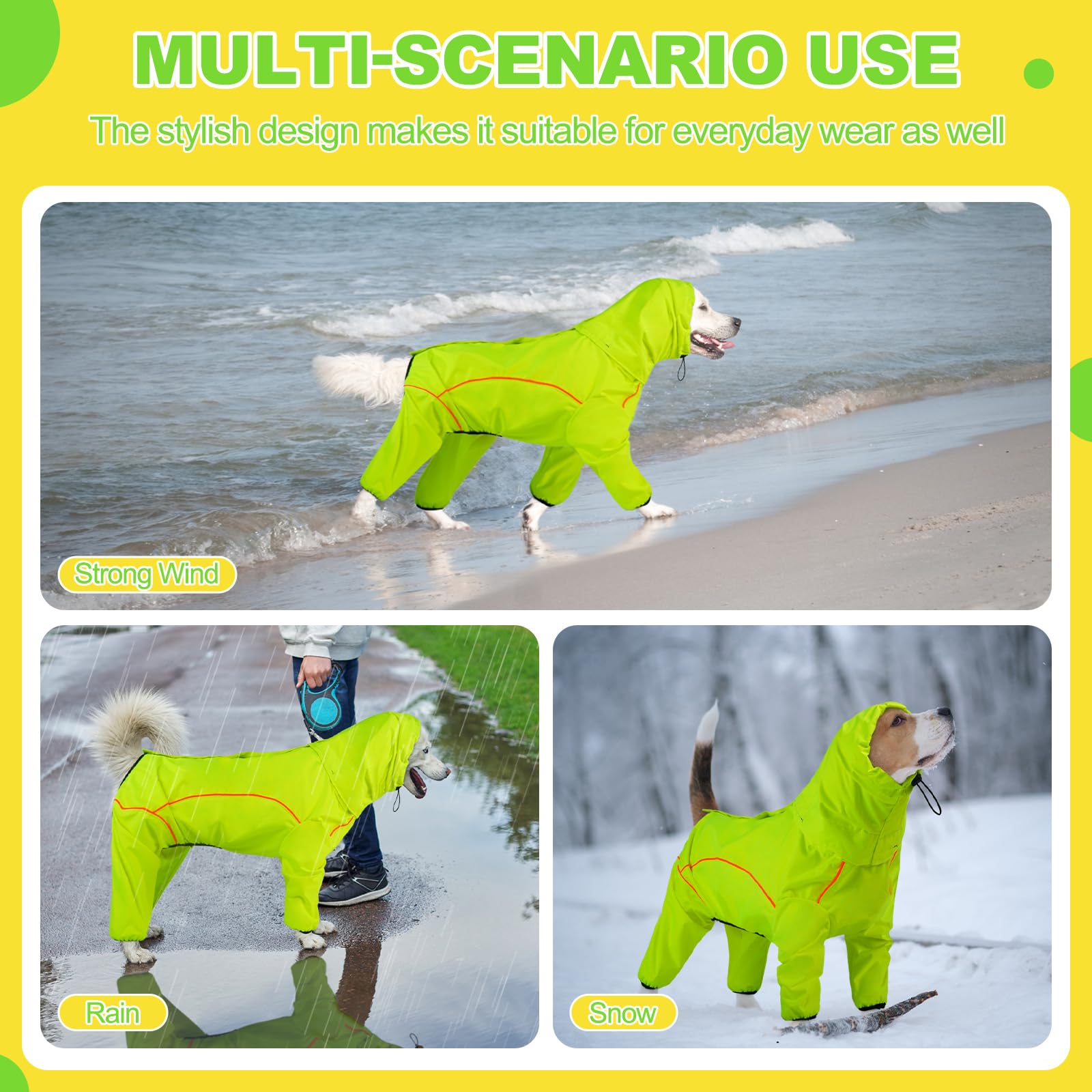 Impermeabile per cani, giacca impermeabile per cani con cappuccio rimovibile, poncho regolabile a 4 gambe con foro per guinzaglio, strisce riflettenti con cappuccio anti-neve, vestiti