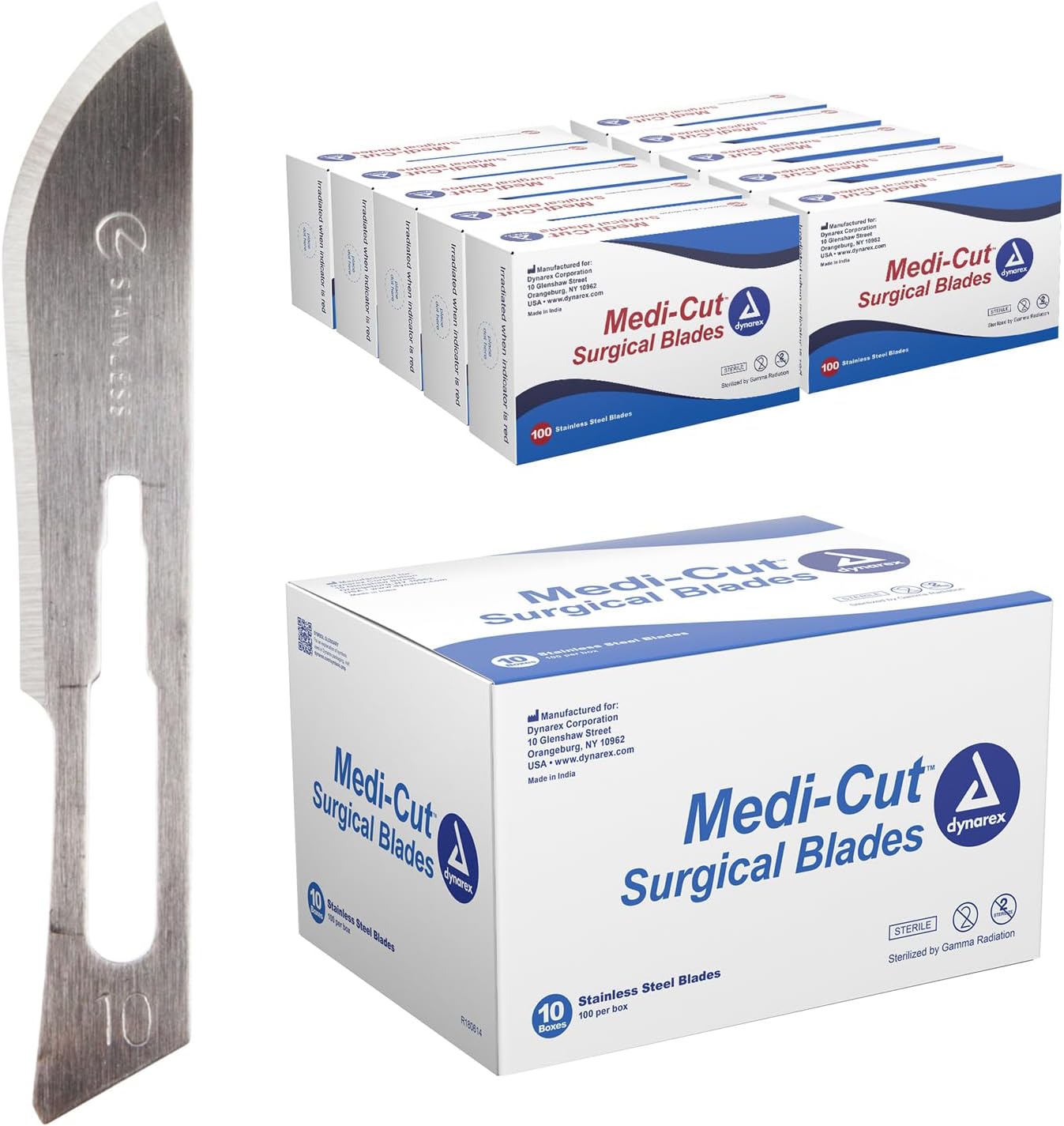 Dynarex Medi-Cut #10 Sterile Disposable Stainless Steel Scalpel Blades - Finely Honed Edge, Precision Cutting, Box of 100