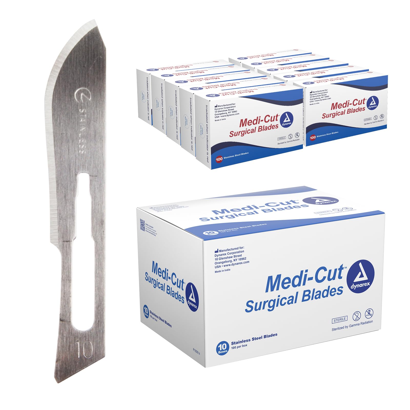 Dynarex Medi-Cut Stainless Steel Blade with Finely Honed Cutting Edge, Size #10, Sterile & Disposable, Box of 100