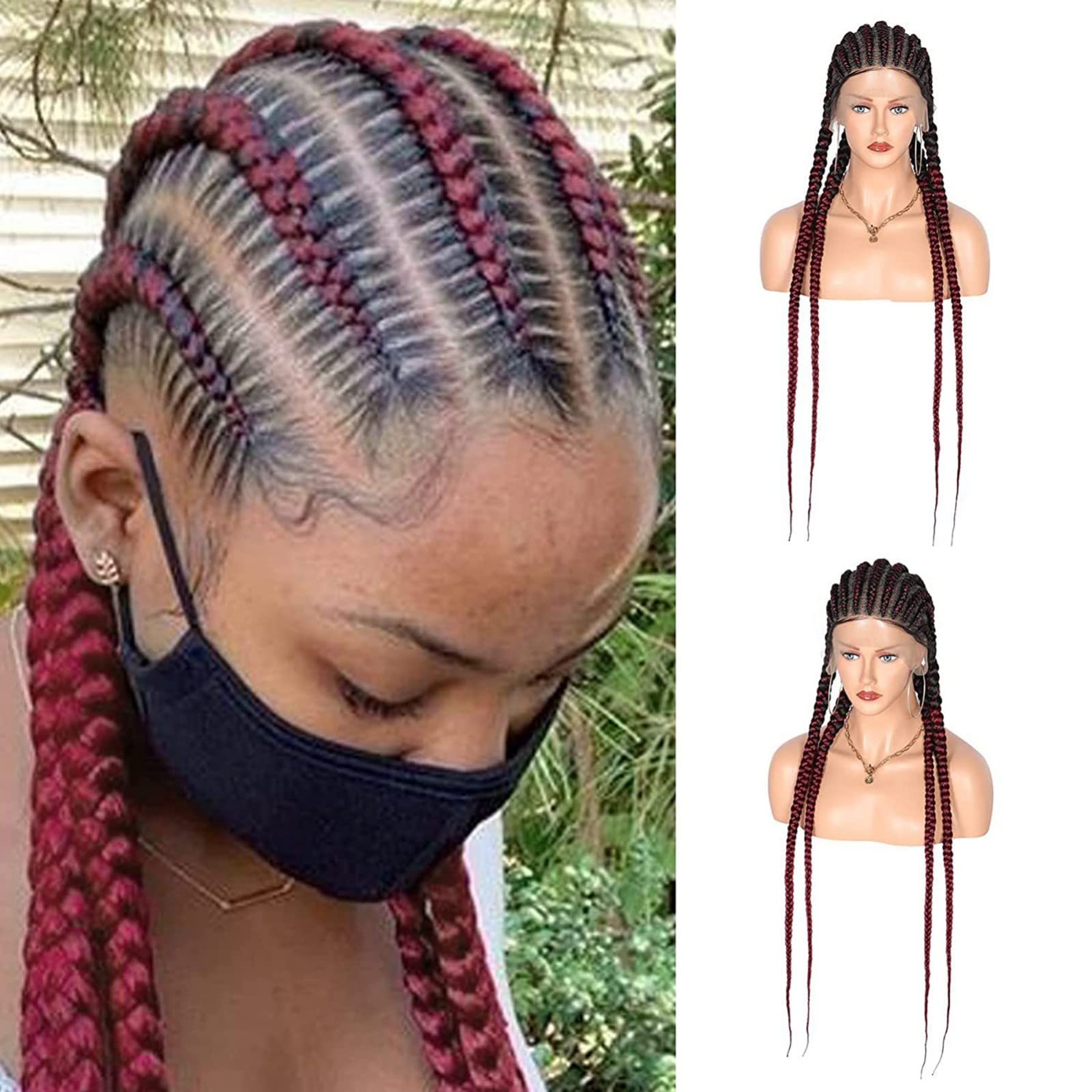 SJAPEX Braided Wigs for Black Women Braided 360 Full Lace Front Wigs with Baby Hair 4X Braids Wigs 32 Inches Synthetic Hair Replacement Wigs Drag Queen Festival Cosplay Daily Wig