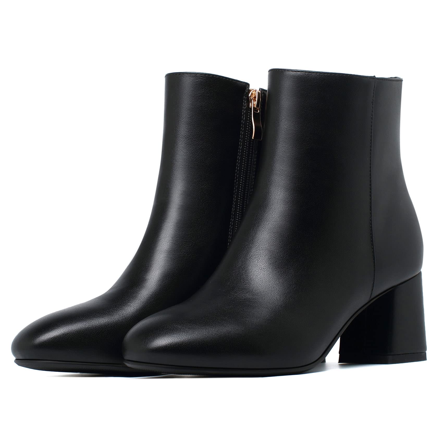 SHEMEE Womens Square Toe Chunky Ankle Booties Block Mid Heel Side Zipper Short Boots