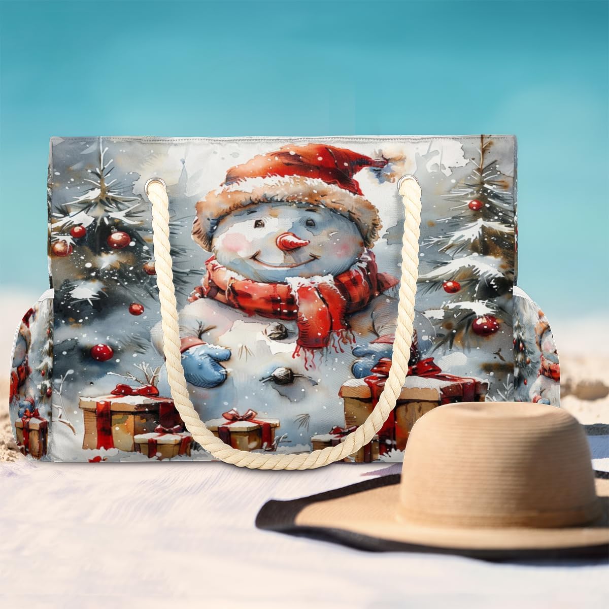 Holiday Snow Man Beach Bag for Women Waterproof Sandproof Tote with Zipper Cotton Rope Handles for Travel Pool Gym Shopping